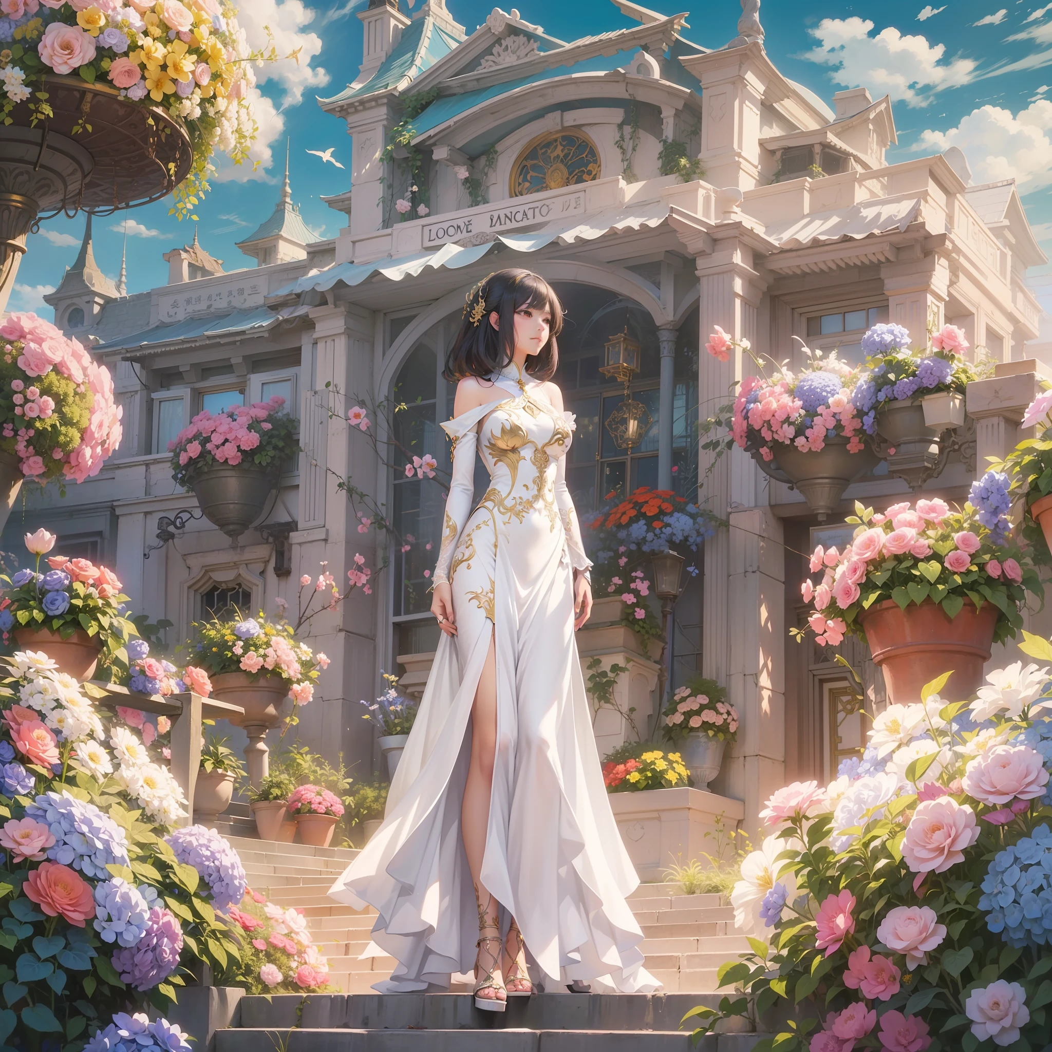 Woman in white dress standing in front of building with lots of flowers, anime fantasy artwork, anime fantasy illustration, a beautiful artwork illustration, beautiful anime artwork, elaborate digital art, intricate ornate anime cgi style, anime art nouveau cosmic display, beautiful anime art, beautiful digital works of art, beautiful fantasy anime, Detailed anime artwork, Detailed Digital Anime Art, dreamy psychedelic anime