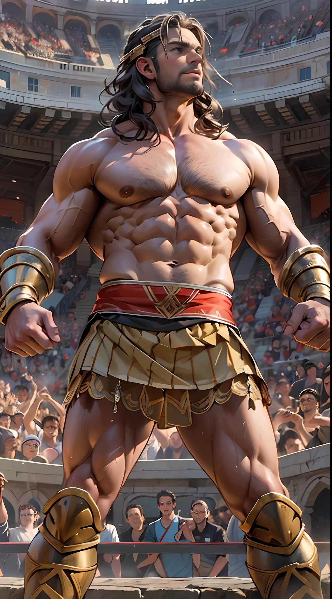 Mighty gladiator, upper torso exposed, legs unclothed from thighs to feet, flowing long curls, detailed muscular physique, lifelike depiction, 4K resolution. Background: Roman colosseum filled with cheering crowd.,32k uhd, best quality, masterpiece, super detail, high details