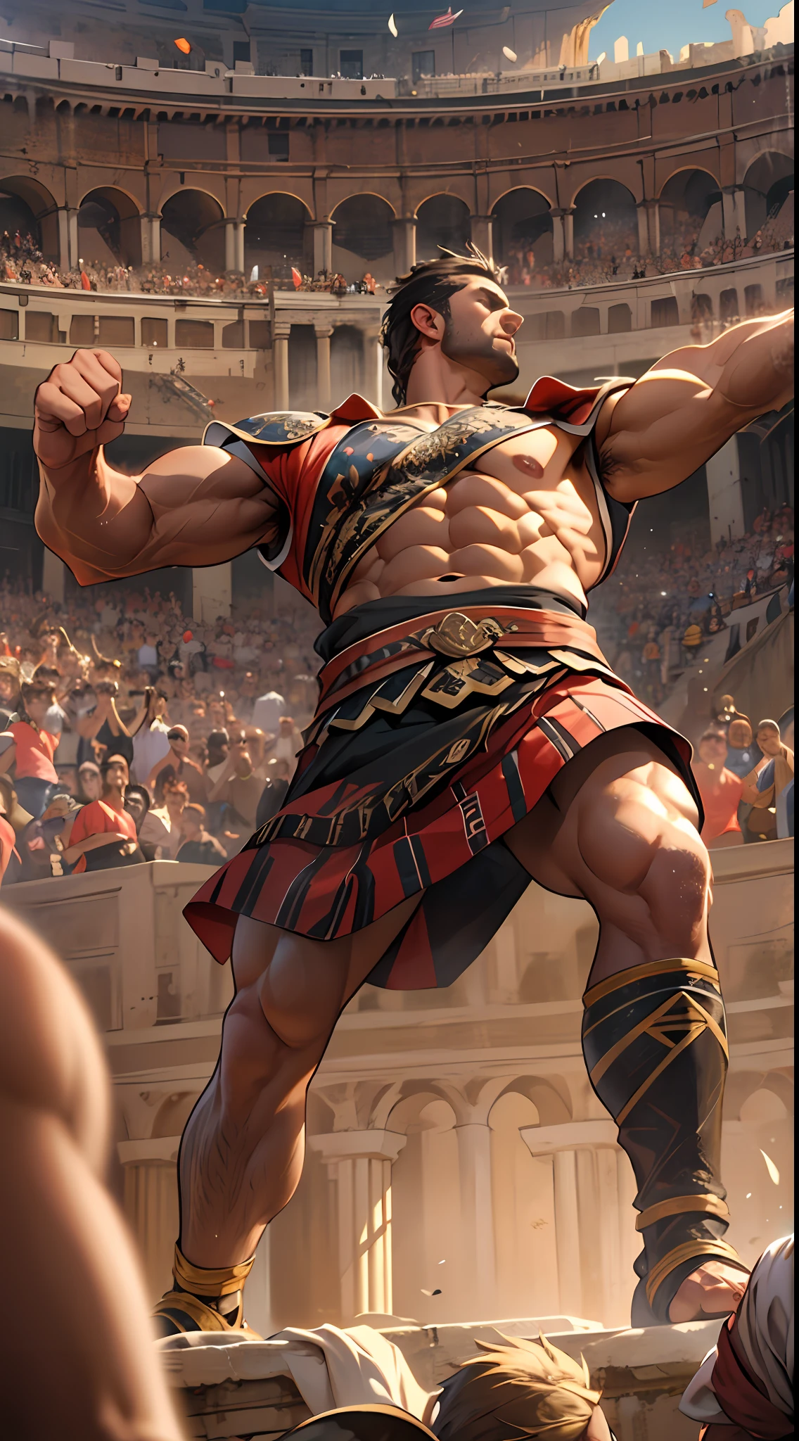Mighty gladiator, upper torso exposed, legs unclothed from thighs to feet, flowing long curls, detailed muscular physique, lifelike depiction, 4K resolution. Background: Roman colosseum filled with cheering crowd.,32k uhd, best quality, masterpiece, super detail, high details