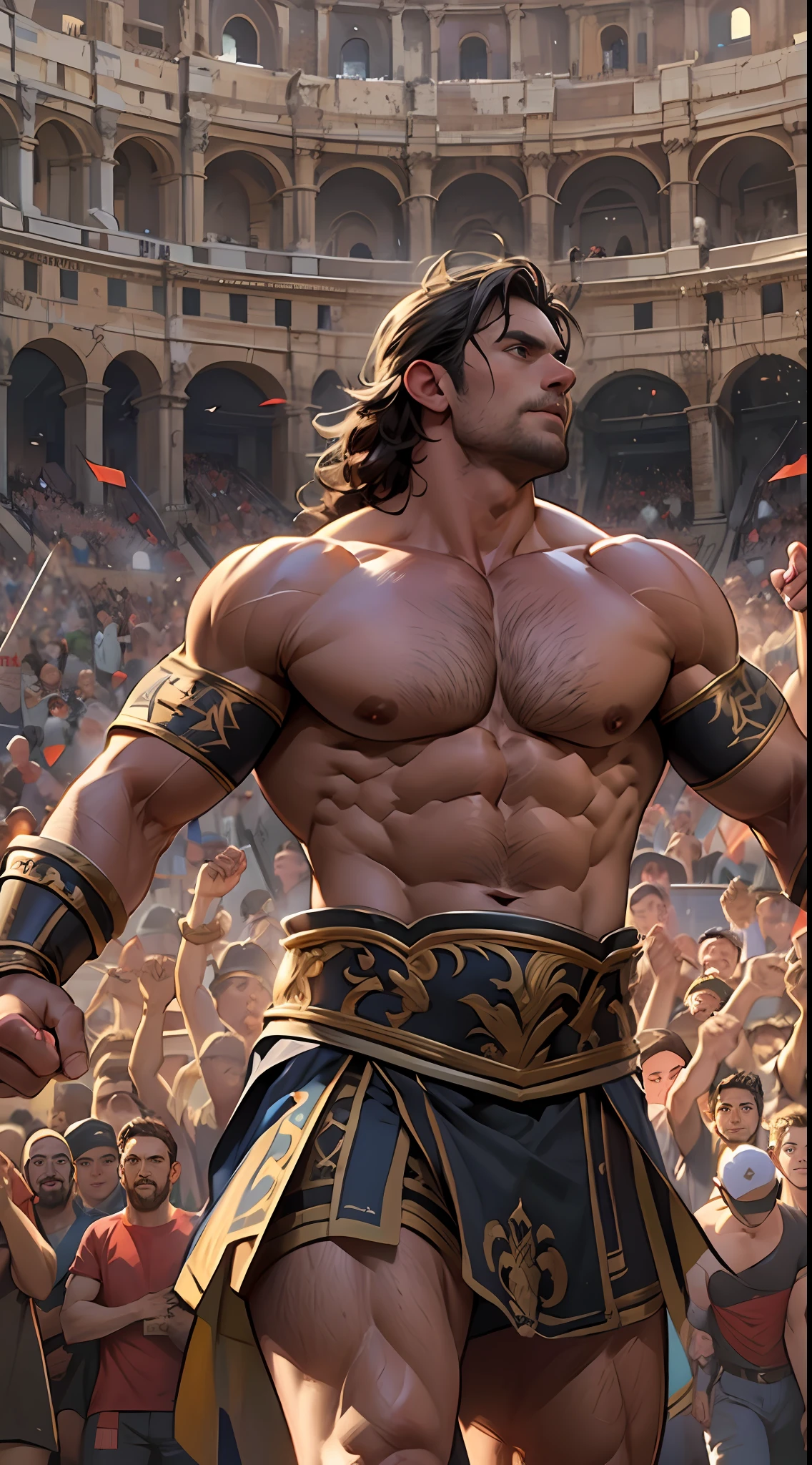 Mighty gladiator, upper torso exposed, legs unclothed from thighs to feet, flowing long curls, detailed muscular physique, lifelike depiction, 4K resolution. Background: Roman colosseum filled with cheering crowd.,32k uhd, best quality, masterpiece, super detail, high details