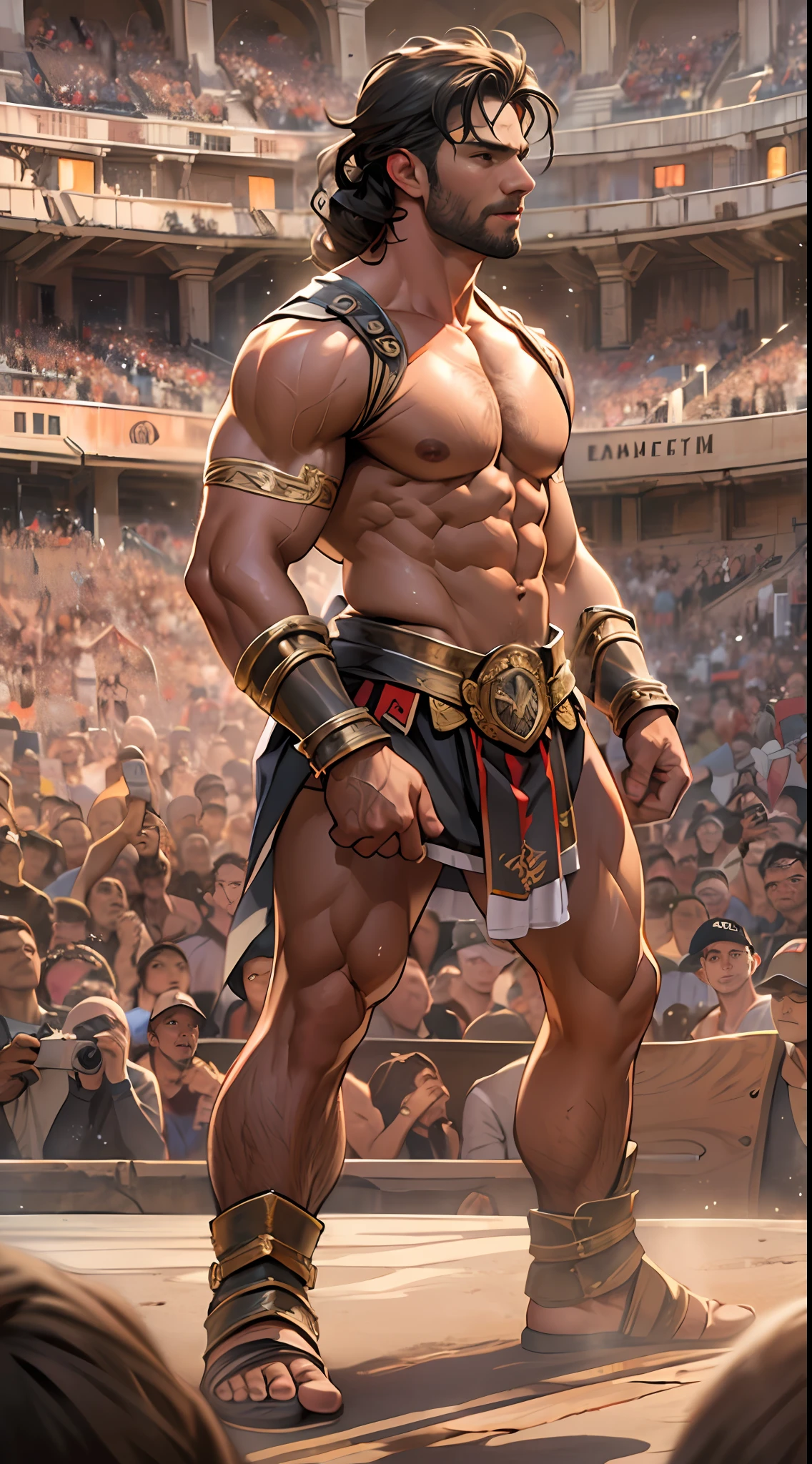 Mighty gladiator, upper torso exposed, legs unclothed from thighs to feet, flowing long curls, detailed muscular physique, lifelike depiction, 4K resolution. Background: Roman colosseum filled with cheering crowd.,32k uhd, best quality, masterpiece, super detail, high details