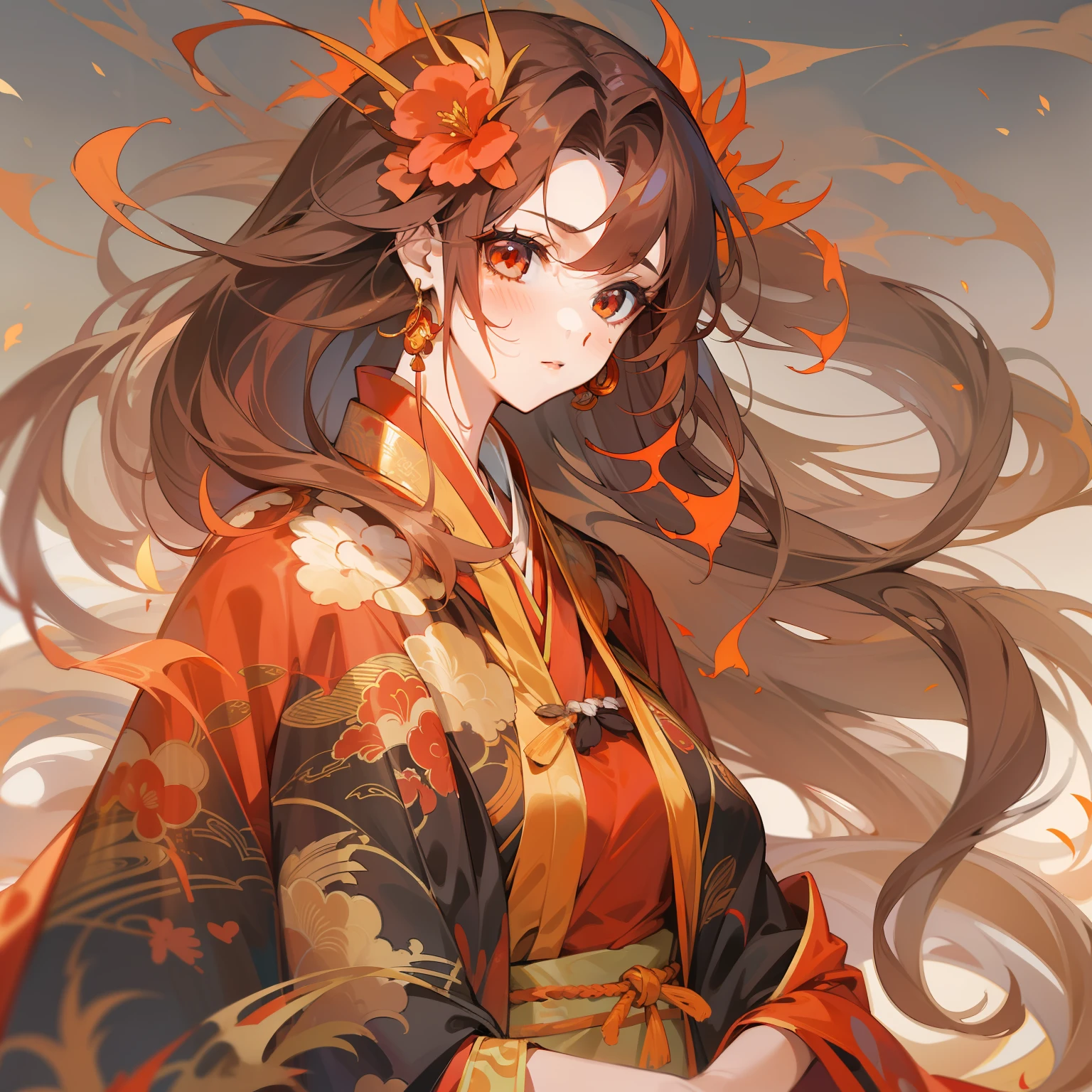21-year-old girl,Long flowing hair,brunette color hair,The ends of the hair turn red,The eyes are burning clouds,The rendering has an orange-red feel,Suzaku gold pattern traditional Chinese costume