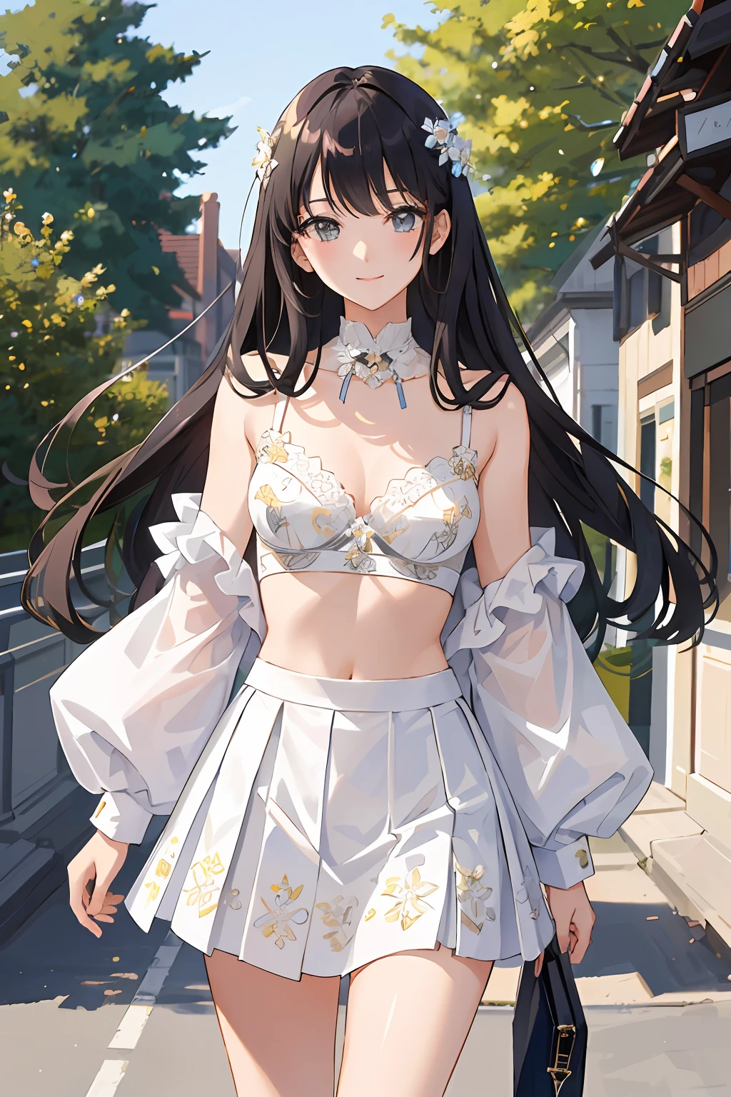 (masterpiece:1.2, best quality), (highly detailed:1.3), 1girl, 18yo, slim, tall, long hair, (floral bra), open white shirt, white mini skirt, walk the town street, summer, trees, blue sky, smile