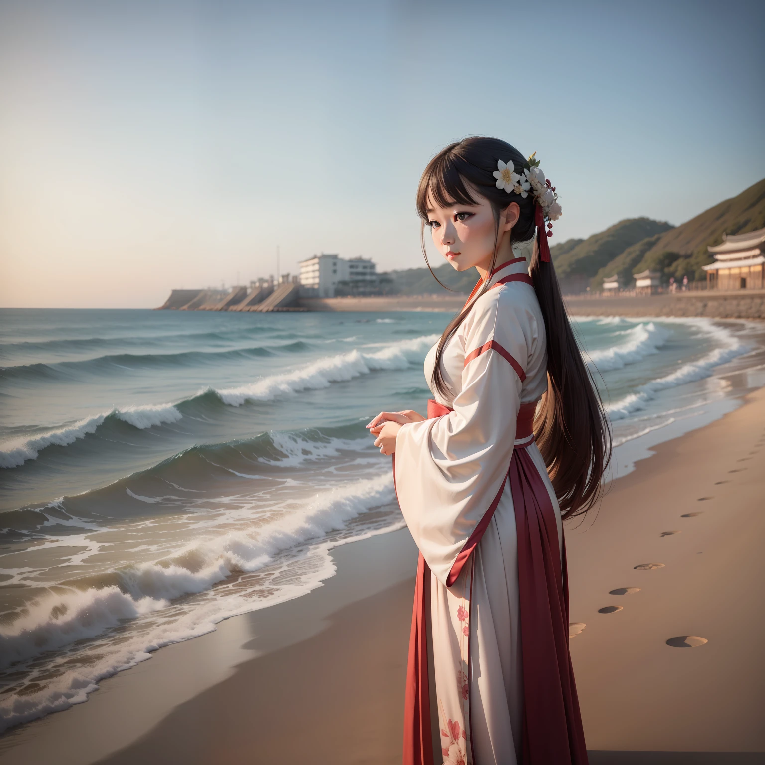 （Cute girl in Hanfu）,Stroll by the sea,Live-action style