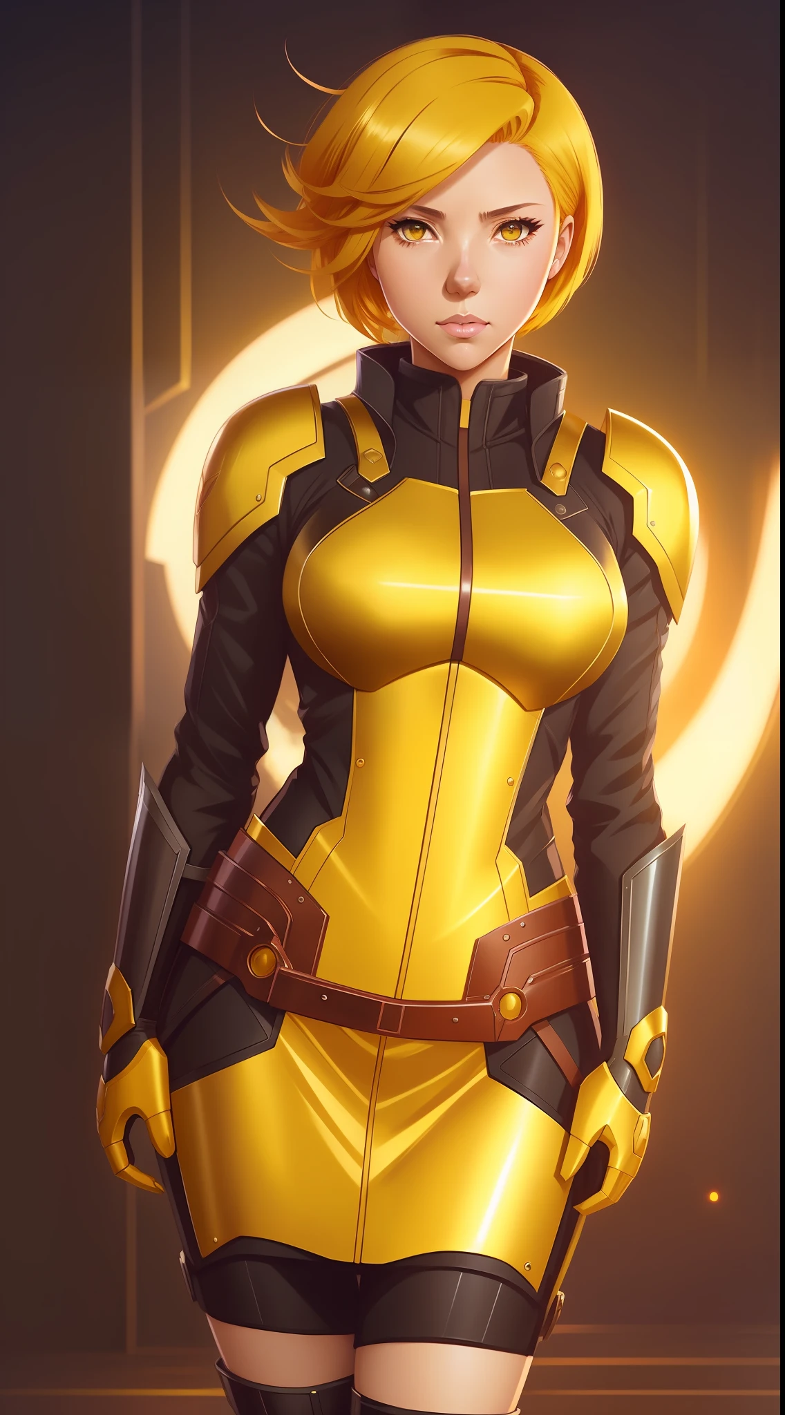 [by Artgerm and WLOP and Ilya Kuvshinov and RHADS and Loish and Rossdraw] by "anime" artist, Visual Key Anime, Japanese Manga, Pixiv, Zerochan, Anime Art, Fantia, scarlett johansson Armaura Medieval Futuristic, ((full body) ) ), muscular, ((short yellow hair)), steel armor, short hair