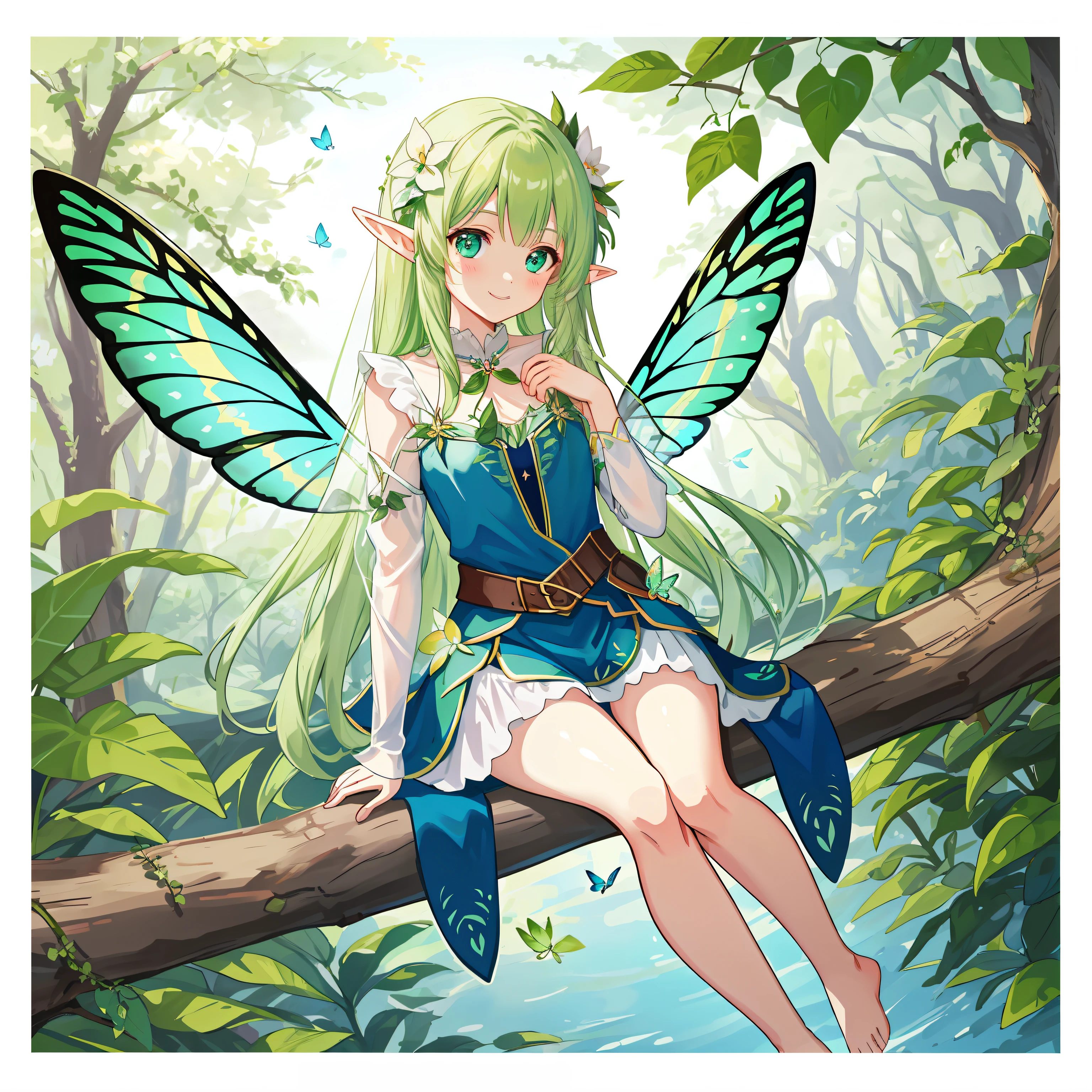 An elf girl sits on a branch，ssmile，Transparent wings，cute clothing，Barefoot，Plantas exuberantes，kotori，butterflys，blossoms，Ray traching，insanely details，ultra - detailed，tmasterpiece，4K