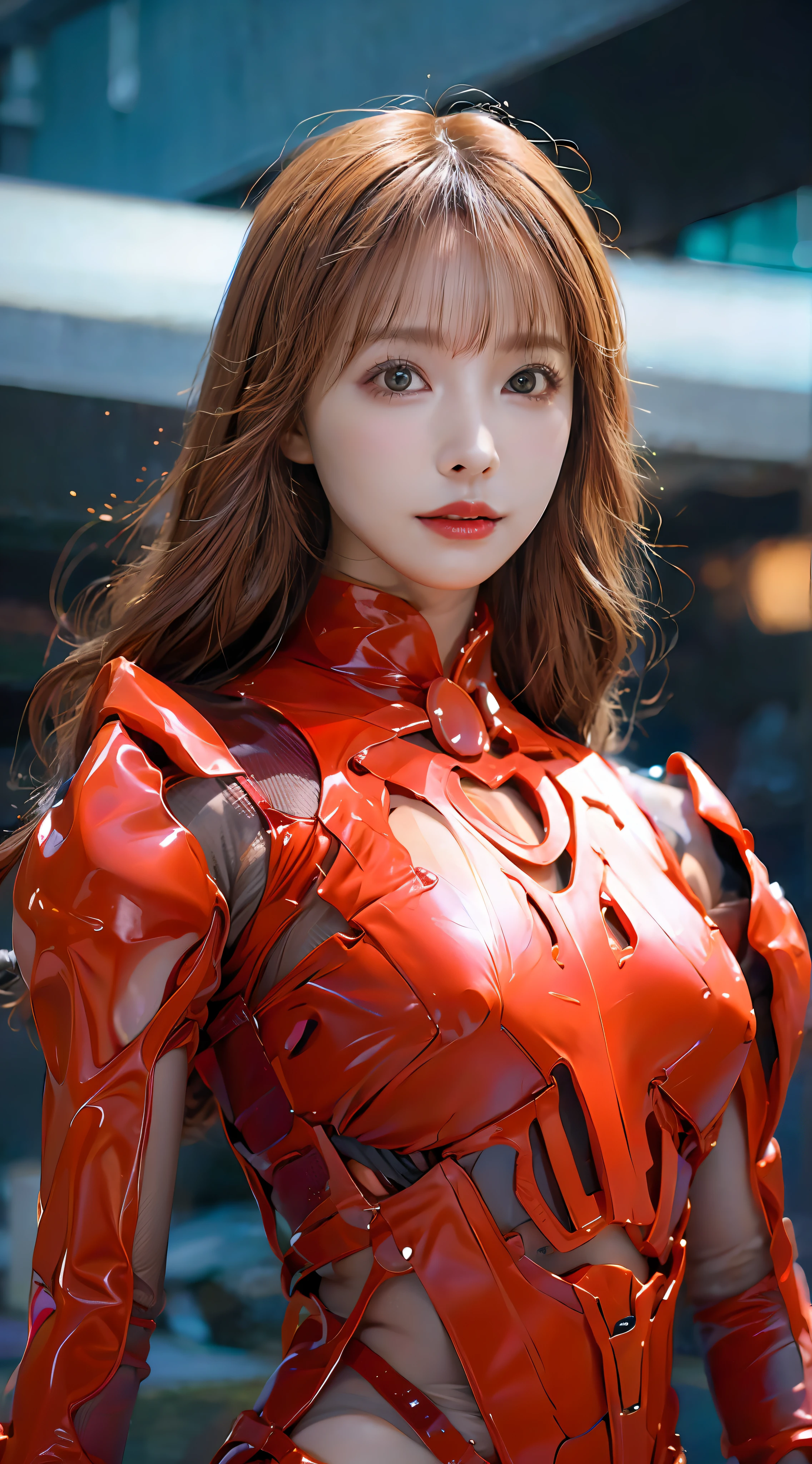 A beautiful Japanese actress,wearing a EVA 03-style Red::1.8 and orange::0.2 latex coat,Role playing Asuka Langley Soryu,full-body cosplay,Delicate Face, Stunningly Beautiful, Combat Pose,High Detail Skin, Realistic Skin Detail, Visible Pore,The photograph is taken with a Nikon D850 and a Nikon AF-S NIKKOR 70-200mm f/2.8E FL ED VR lens, using settings of f/8.0 aperture, 1/200 sec shutter speed, and ISO 400, DSLR Camera, High Quality, Fair Skin, Photorealism