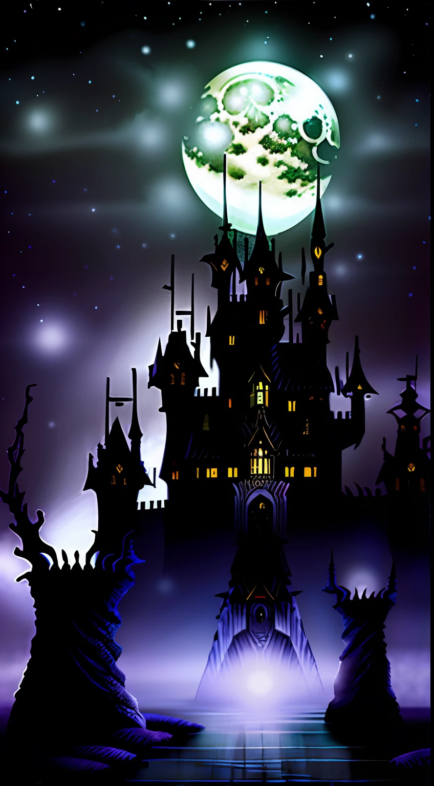 (themoon,Black night,Fortress of fantasy),violet sky,starrysky,As estrelas,starry god,pale-blue,civilization,Order,Dark creatures,Magical elements,Dark horror atmosphere