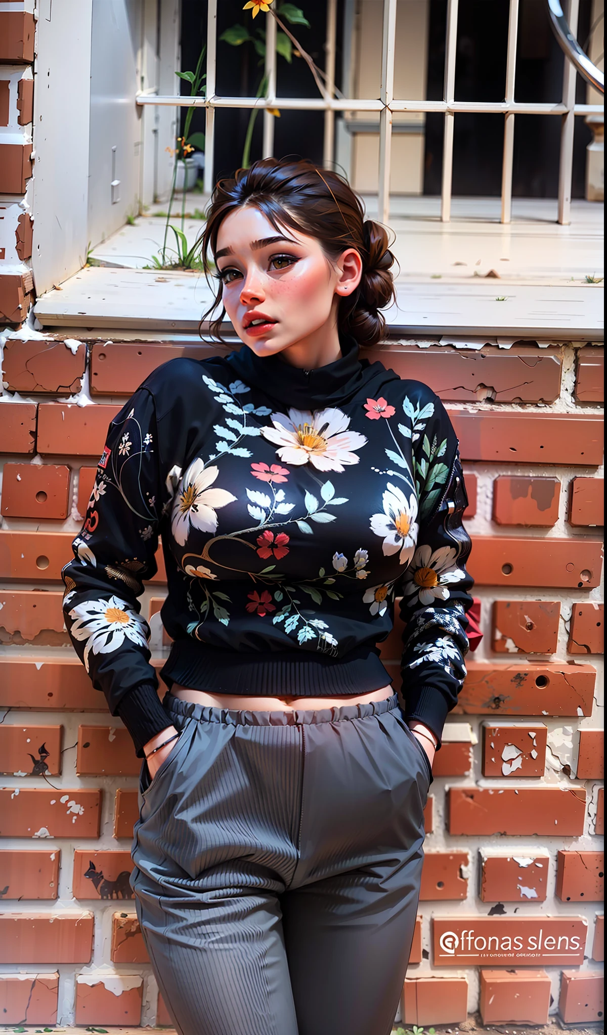 a hyper-realistic portrait of a young woman, in the middle of nature, 22 years old, realistic, (lying on her side), sexy, (huge breasts 2:1), short brown hair, (hair tied with bows), curved, SFW