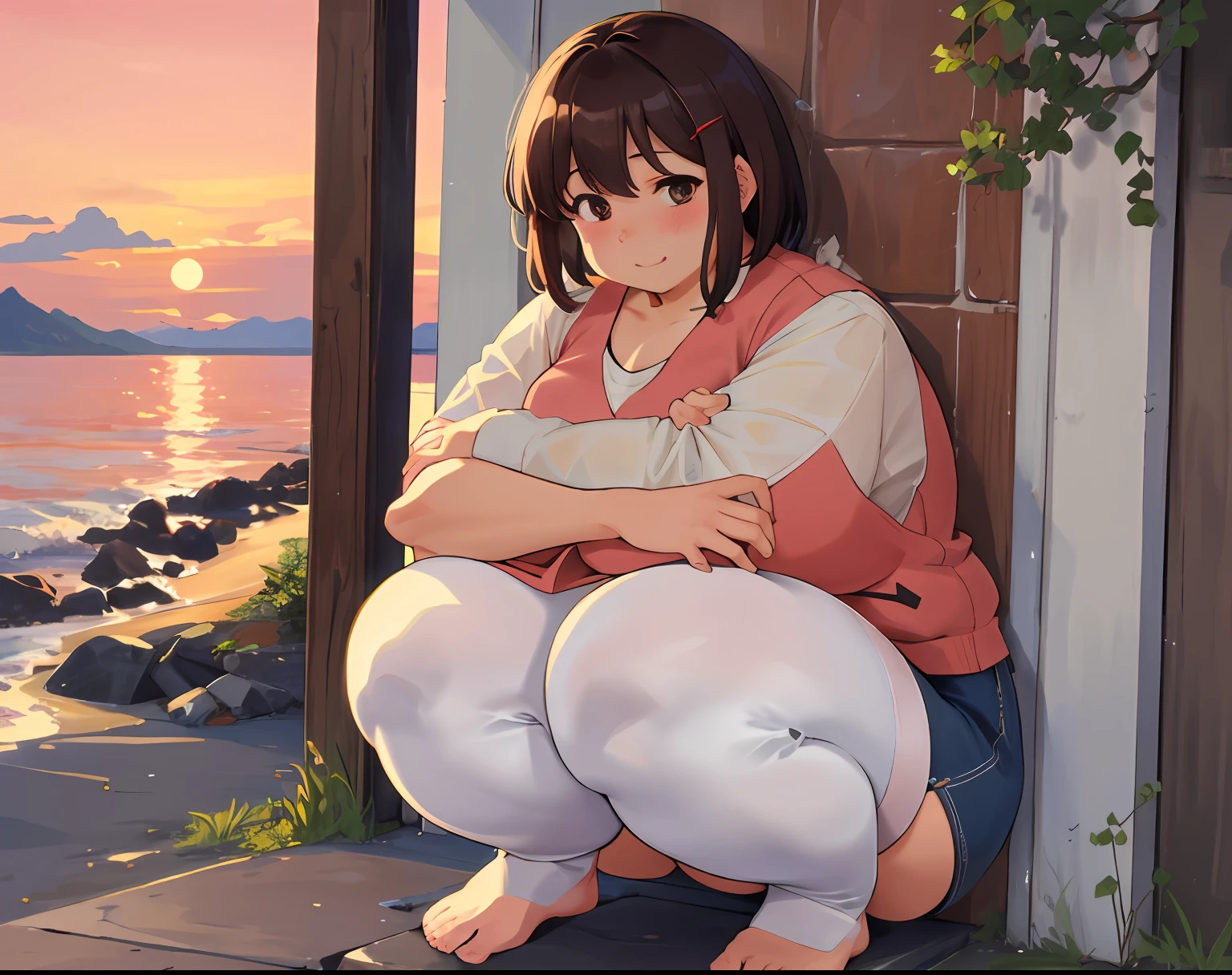 (best qualtiy),(tmasterpiece,4k,ultra - detailed:1.2),(detailedbackground,beachside,buildings,the sunset,Red sky:1.2),(beautiful mature women:1.7),ssmile,short detailed hair,bluntbangs,brunette color hair,(vests:1.5),(sweetpants:1.4),Wide buttock,(fatness:1.5),upper legs,Thick arm,(potbelly:1.3),belly hang over,WeightObese,(Fat rolls:1.3),Hands on chest,Huge ass,pouting her ass,Middle age,white stockings,Myopic clothing,Barefoot,squatting on the ground