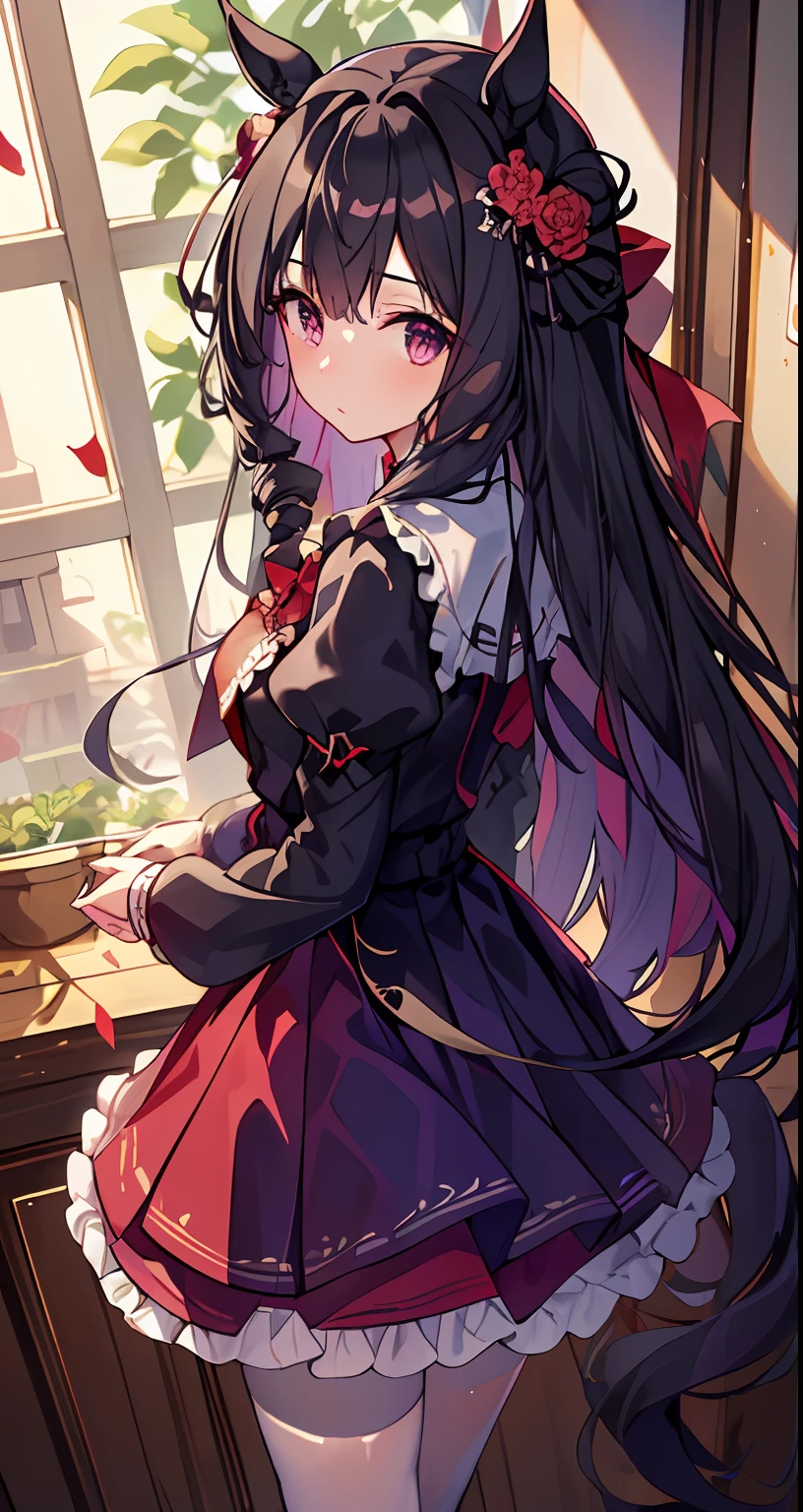 ((​masterpiece、top-quality))、
,Daiichi Ruby,horse_Ears,Red_Eyes,(Purple_Dress,Purple_Skirt), long_Skirt,florals, frilld, flower in hair, Interlocking fingers, long-sleeve,Put your hands together, Puffy sleeves, Red flowers, 独奏, big breasts 
White  pantyhose,White legwear,Small_breasts,
 Look at the viewer、((View from a little above))、(Quiet look)、is standing、dark backgrounds、Dark place、picture frame、Zito-order、Glaring at the viewer、Focus on the back、voluminous skirt、Skirt flutters in the wind、Vertical roll