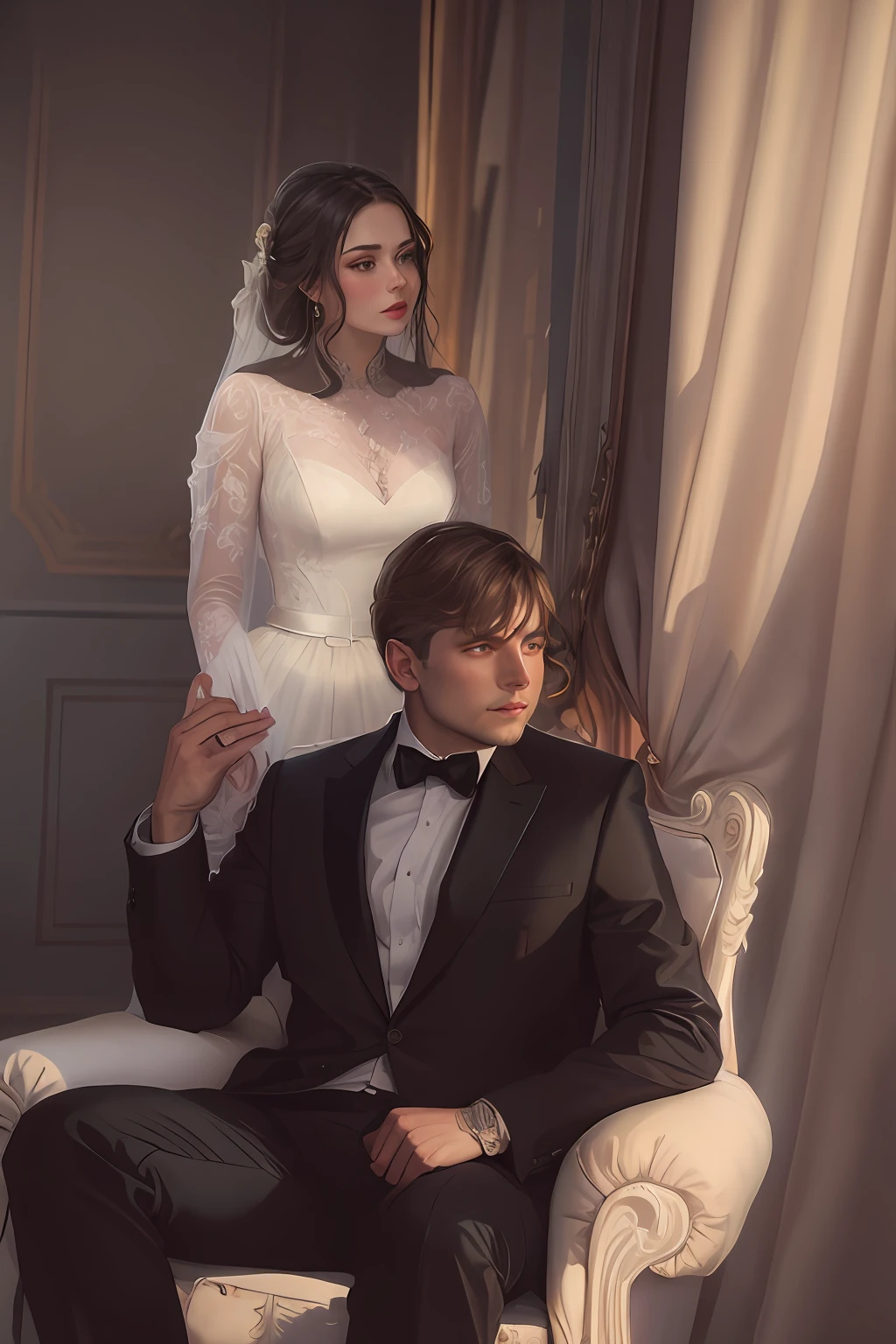 (1girl), (1man), bride and groom sitting on a chair in a room with curtains, an elegant couple, by Maksimilijan Vanka, by Zofia Stryjenska, wedding photo, by John La Gatta, jovana rikalo, by Emma Andijewska, by Hristofor Zhefarovich, by Adam Marczyński