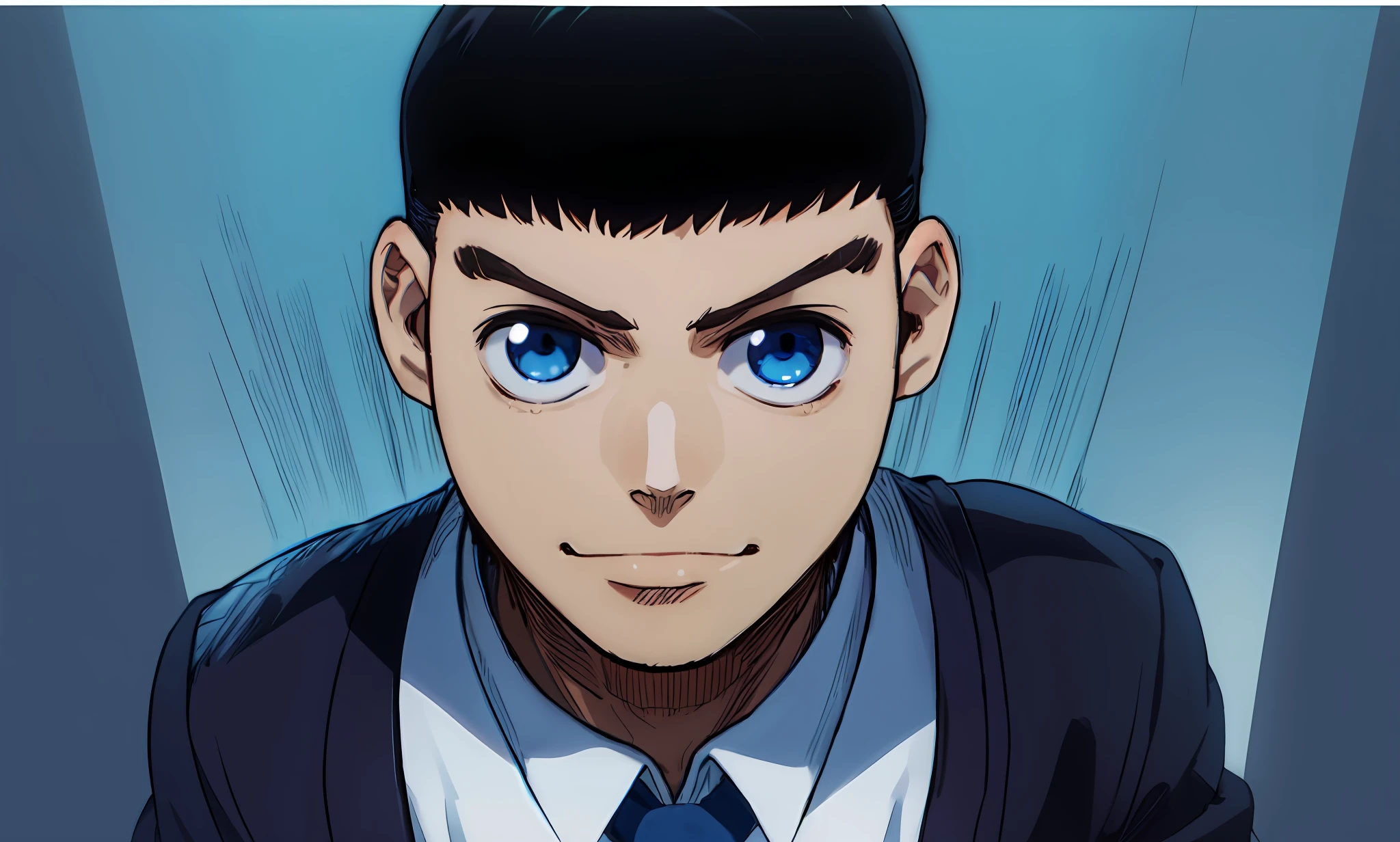 a anime of a young boy, white shirt, blue tie, blue suit, smile, close up, Caesar Cut hair, blue eyes, big round eyes, short hair, black hair color, text manga, color manga, manga color, color manga, color manga panel, simple background
