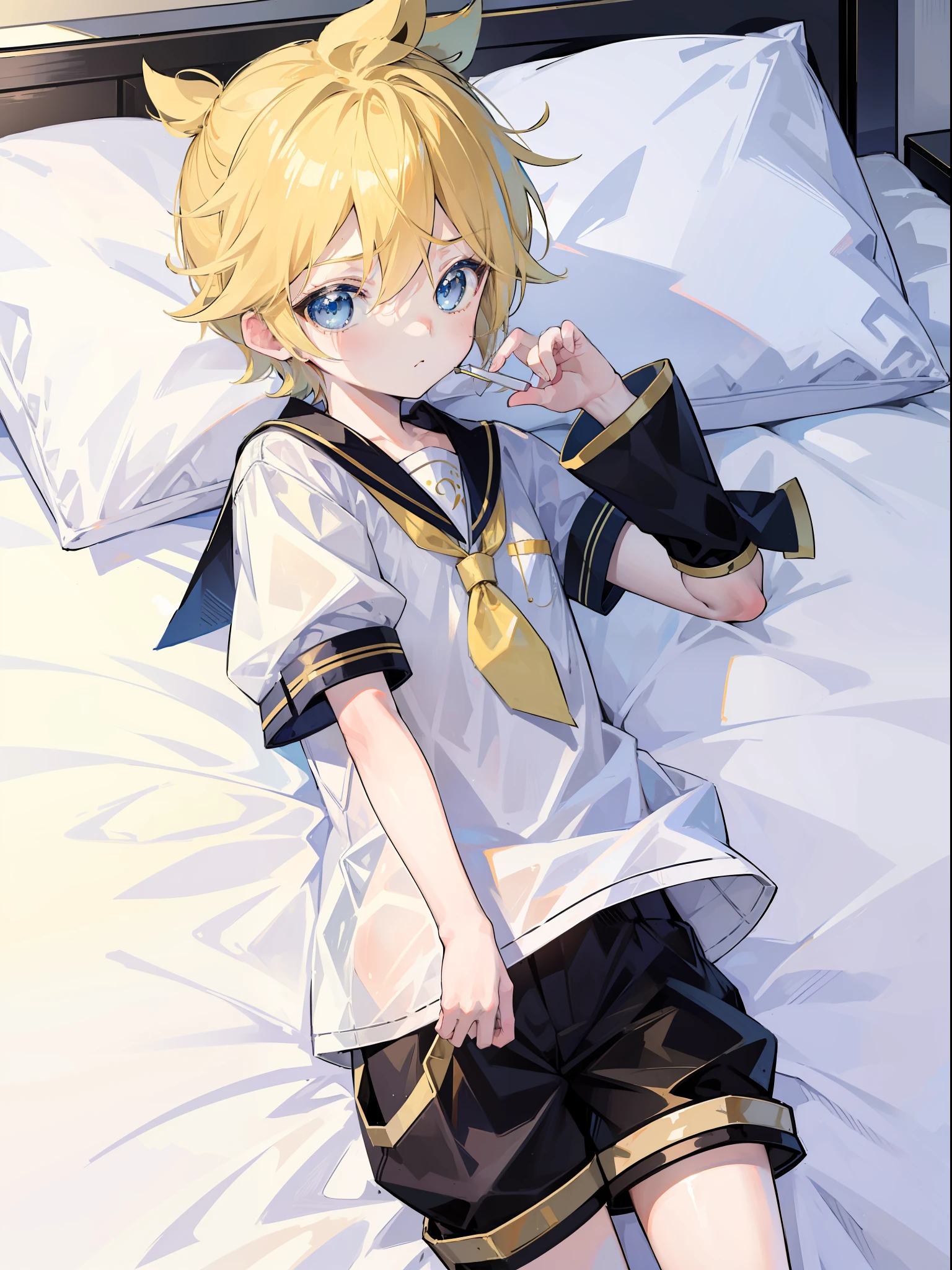 best quality, ultra precision, (one boy), (Len_Kagamine), cute, cool, blue eyes, blond hair, shota, cowlick, on bed, sailor uniform, black short pants, (slender),  (he loves you), your cute boyfriend, innocent
