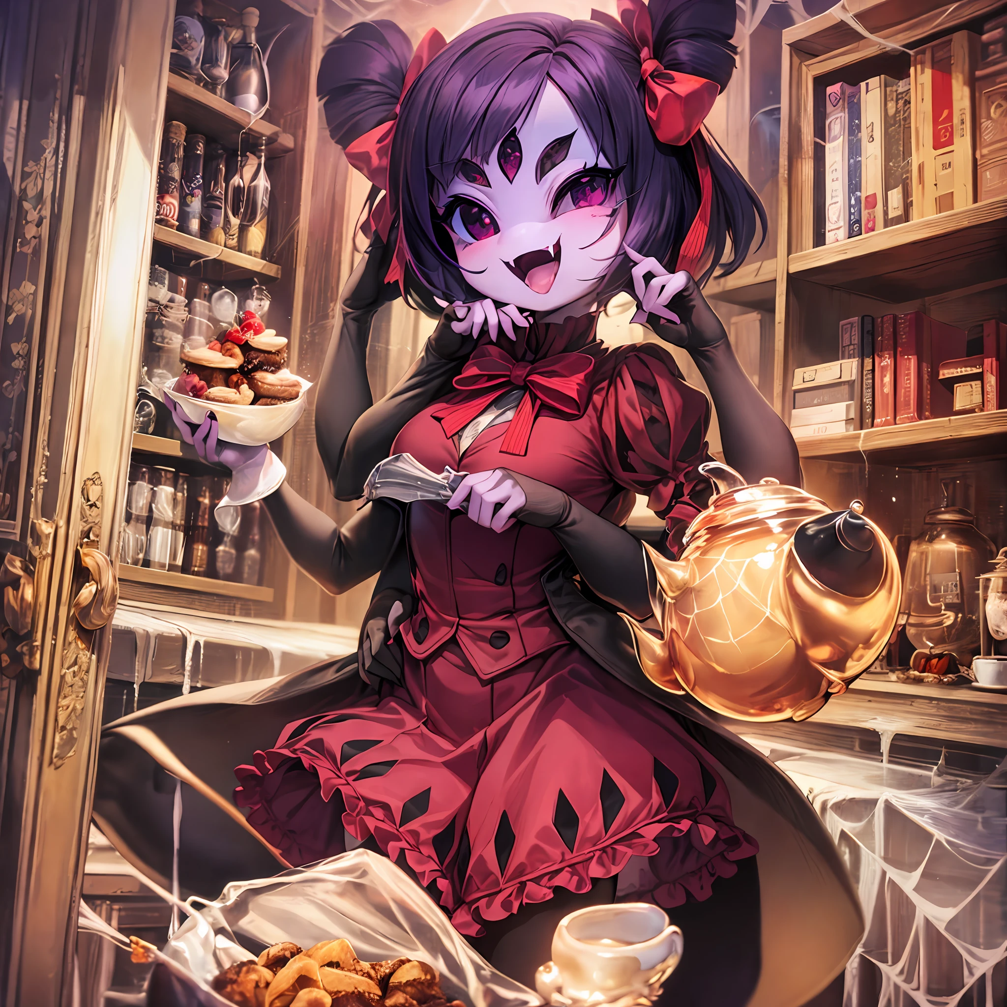 masterpiece, best quality, a beautiful and detailed portriat of muffet,(muffetwear), monster girl,((purple body:1.3)),humanoid, arachnid, anthro,((fangs)),pigtails,hair bows,5 eyes,spider girl,6 arms,solo,smile, clothed, open mouth, awesome and detailed background, holding teapot, holding teacup, 6 hands,detailed hands,((spider webs:1.4)), storefront that sells pastries and tea,bloomers,(red and black clothing),inside,pouring into teacup,wide angle lens, ((fish eye effect)) ,armwear