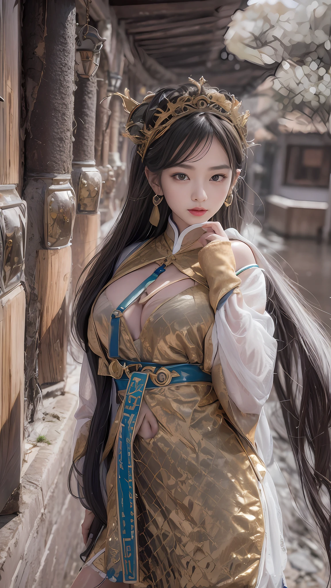 wet lands，（tmasterpiece，k hd，hyper HD，16k）brunette color hair，15 year old girl，Multi-layer gauze skirt，Purple gold crown jade setting，Rouge lips，Cherry mouth，Focus on the neckline，Soft hair like slippery silk，Sparkling，Almost reluctant to look away，She wears a suspender cheongsam！Imagine that，She just wore a cheongsam to the bustling big castle，One can't help but want to take a closer look，Take a closer look, desi，Her belly pocket is quite stylish，The skirt flutters in the wind，It's like adding a touch of energy to the whole street，Crocodile skin train，A sneak peek angle，（From the angle below），Sit in the seat of the monitor lizard，sitting in front，Zoom camera，head portrait，Head down and sleepy-eyed，Look at the ground， best qualtiy， hyper HD， （realisticlying：1.4），， A high resolution， the detail， RAW photogr， Sharp Re， Nikon D850 Film Stock Photo by Jefferies Lee 4 Kodak Portra 400 Camera F1.6 shots, Rich colors, ultra-realistic vivid textures, Dramatic lighting, Unreal Engine Art Station Trend, cinestir 800，