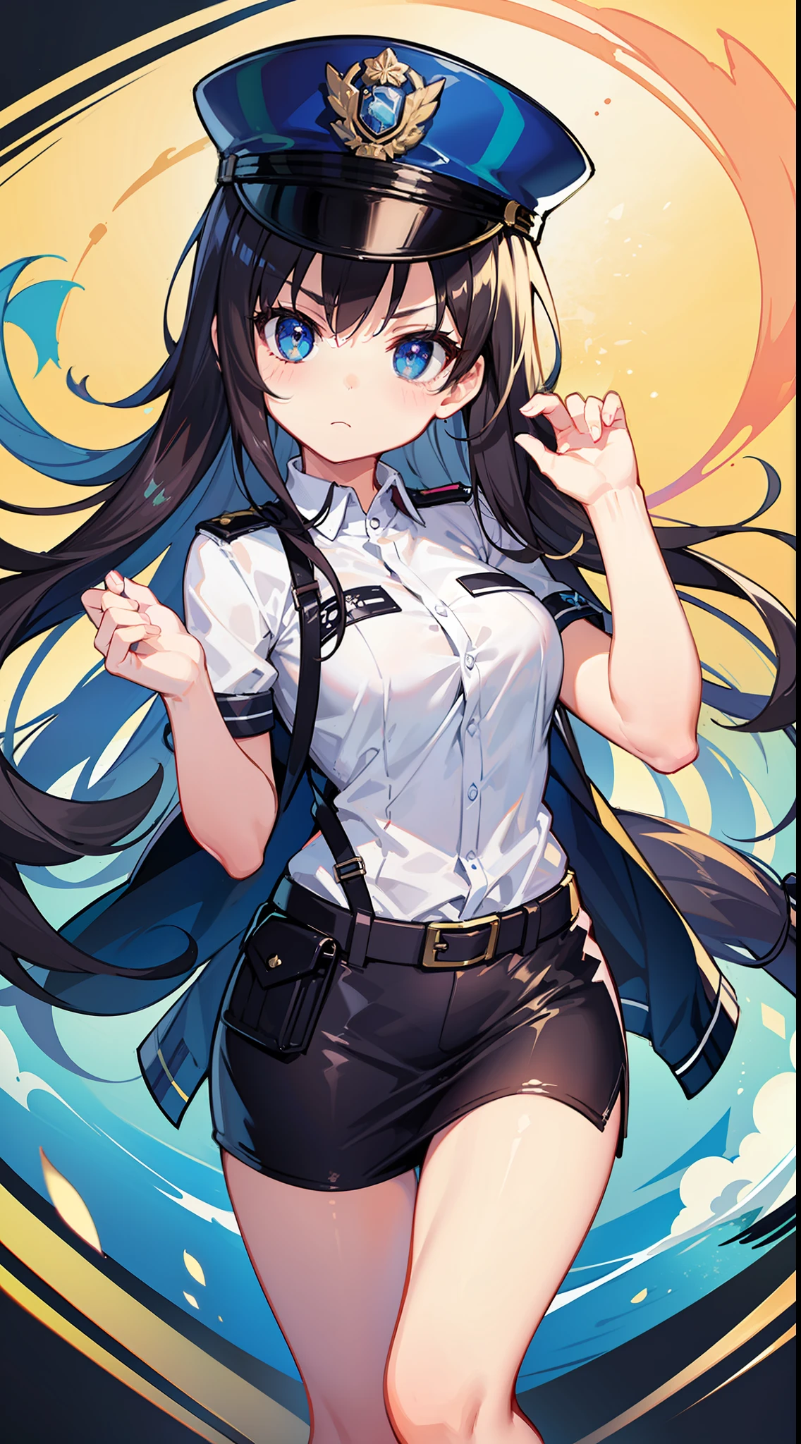 Masterpiece、hightquality、policewoman、1girl in、a miniskirt、serious facial expression、Cute anime illustration、
