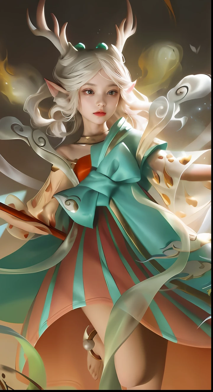 A girl with a sword and a green dress, cute  face，Beautiful little girl's face，Anime fantasy illustration, Onmyoji detailed art, Beautiful celestial mage, Beautiful young wind spirit, ! Dream art germ, white-haired god, Digital art on Pixiv, Anime goddess, Portrait Chevaliers du Zodiaque Fille, Art germ. anime illustration, anime girl with a bow and arrow, onmyoji portrait，of a real，3d effect。Realistic，the highest picture quality，The sharpest image