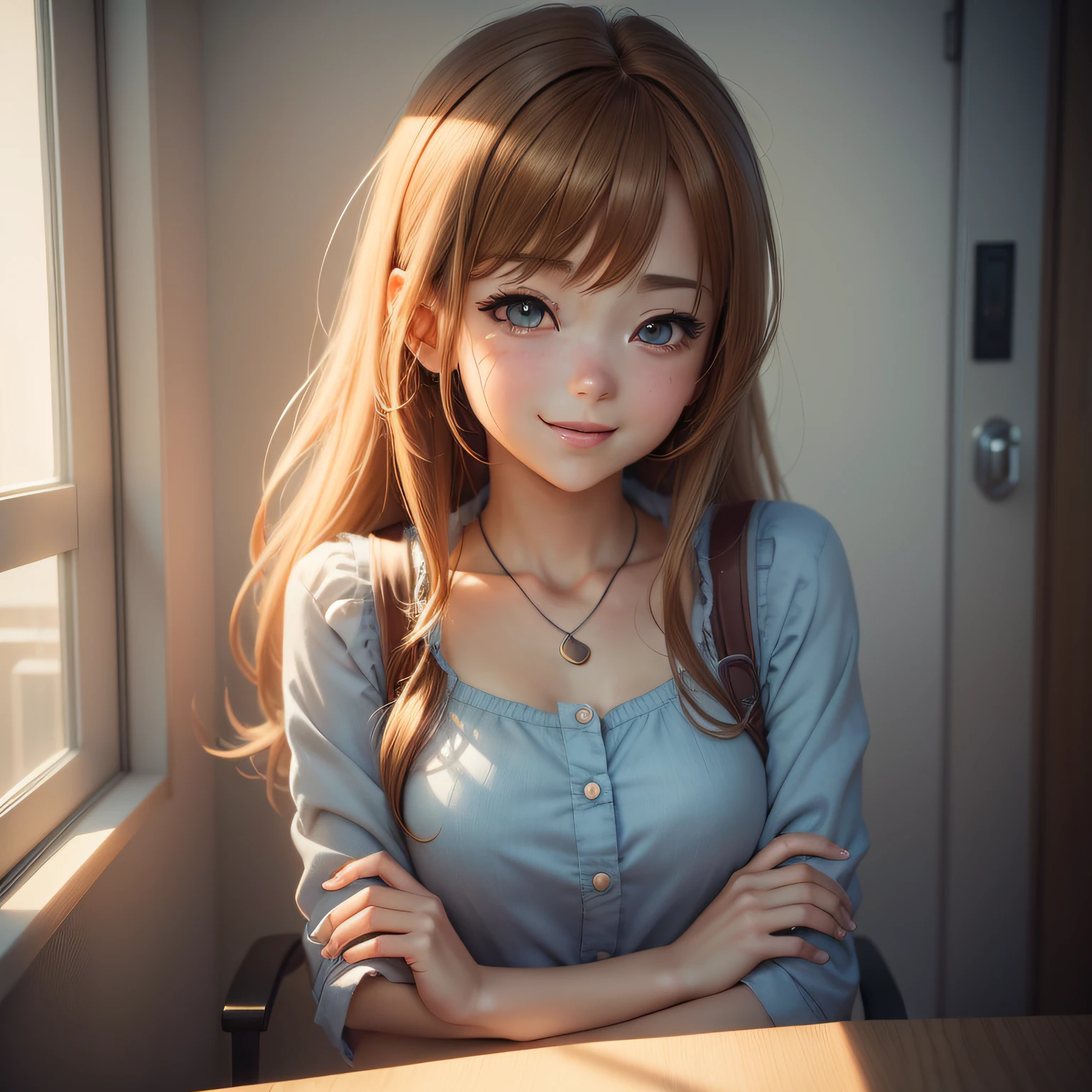 There was a sweet-looking girl smiling and looking out the window, Anime. Soft lighting, Guviz-style artwork, Realistic anime 3 D style, 3 d anime realistic, Photorealistic anime, photorealistic anime girl rendering, realistic anime artstyle, Soft portrait shot 8 K, hyper realistic anime, Realistic young anime girl, Smooth anime CG art, anime realism style