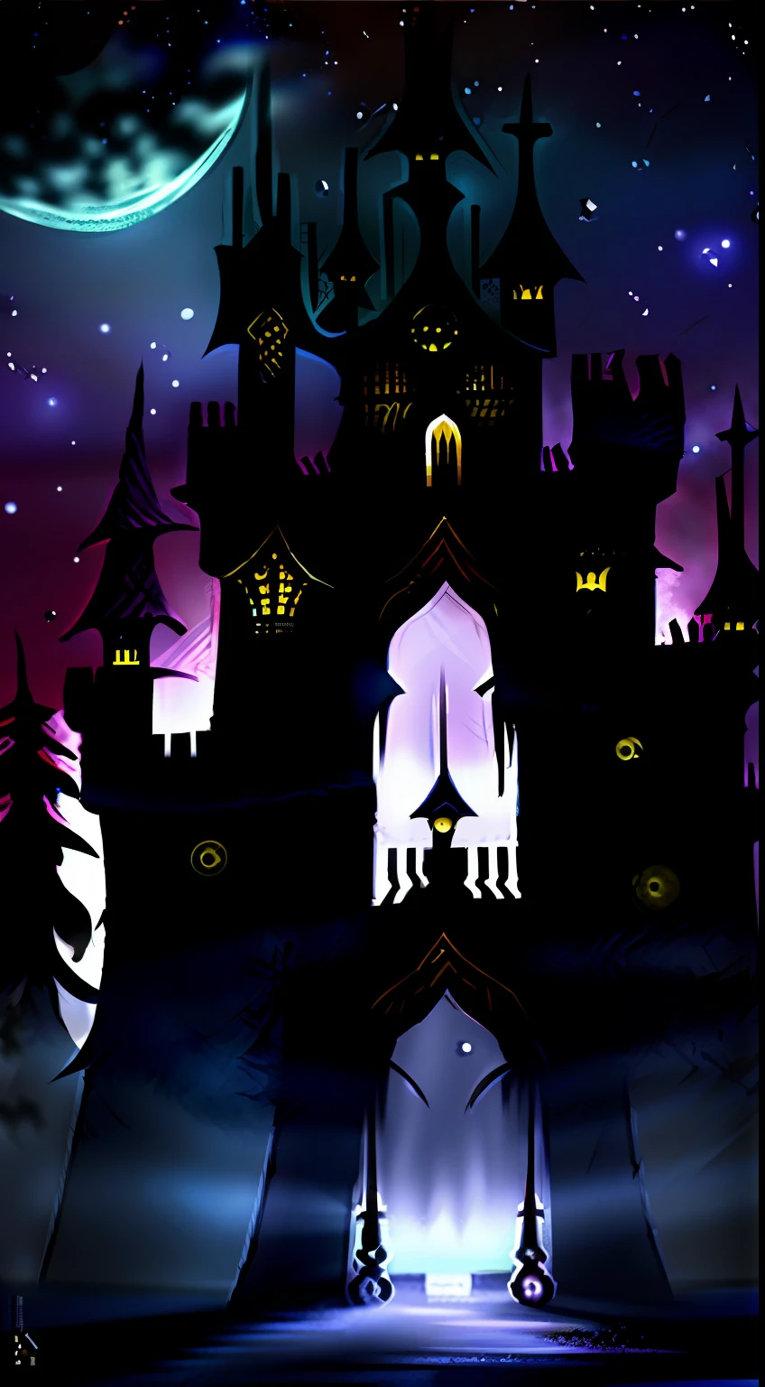 (themoon,Black night,Fortress of fantasy),violet sky,starrysky,As estrelas,starry god,pale-blue,civilization,Order,Dark creatures,Magical elements,Dark horror atmosphere