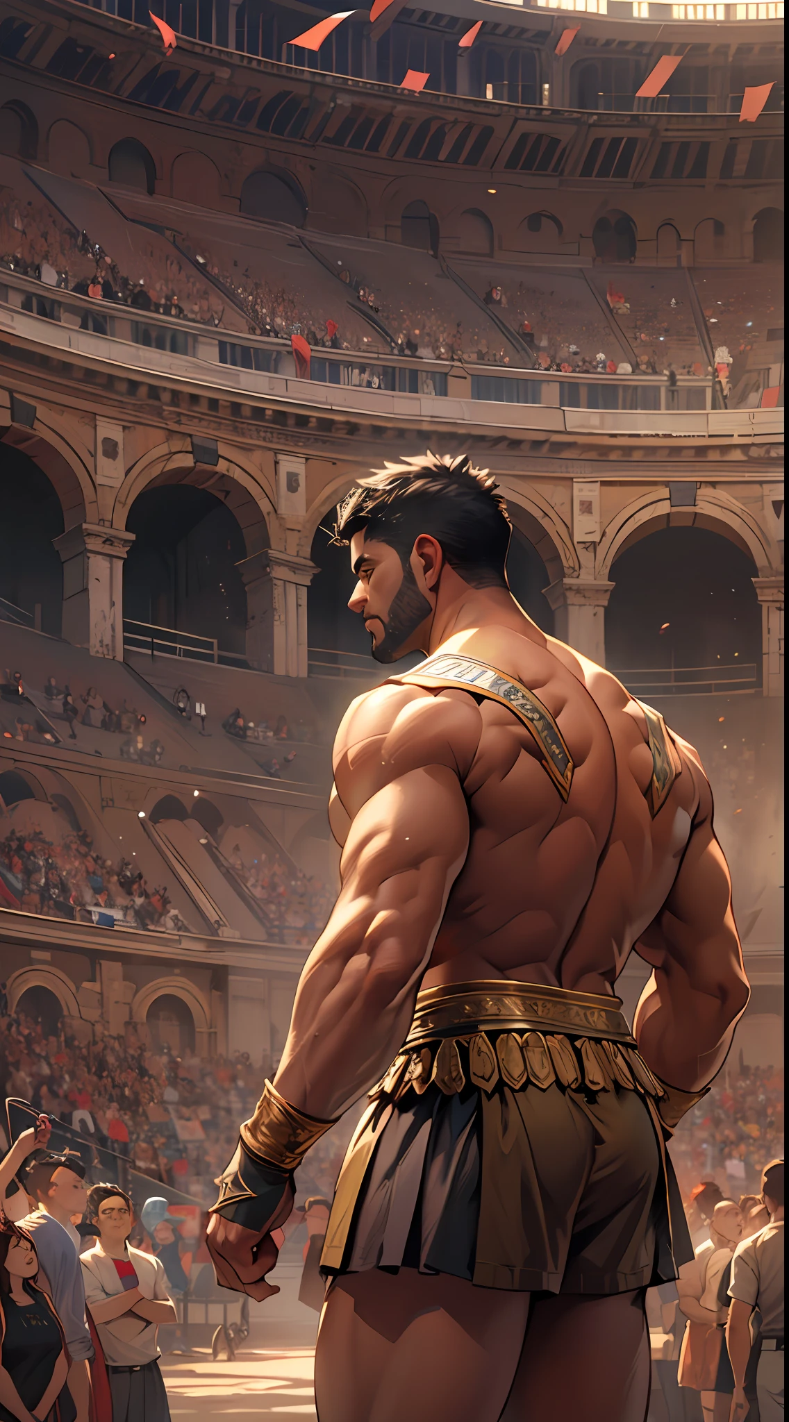Mighty gladiator, upper torso exposed, legs unclothed from thighs to feet, flowing long curls, detailed muscular physique, lifelike depiction, 4K resolution. Background: Roman colosseum filled with cheering crowd.,32k uhd, best quality, masterpiece, super detail, high details