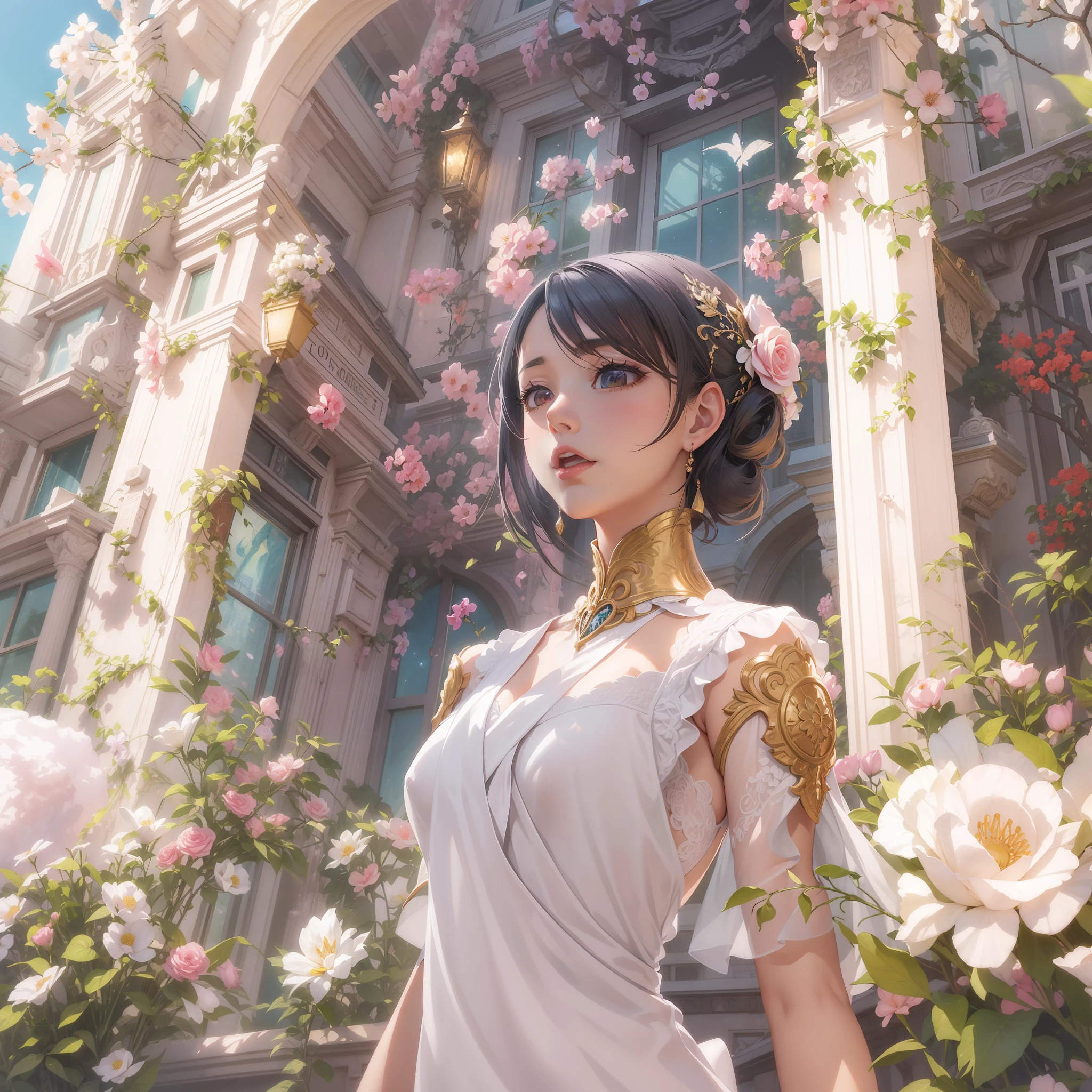 Woman in white dress standing in front of building with lots of flowers, anime fantasy artwork, anime fantasy illustration, a beautiful artwork illustration, beautiful anime artwork, elaborate digital art, intricate ornate anime cgi style, anime art nouveau cosmic display, beautiful anime art, beautiful digital works of art, beautiful fantasy anime, Detailed anime artwork, Detailed Digital Anime Art, dreamy psychedelic anime