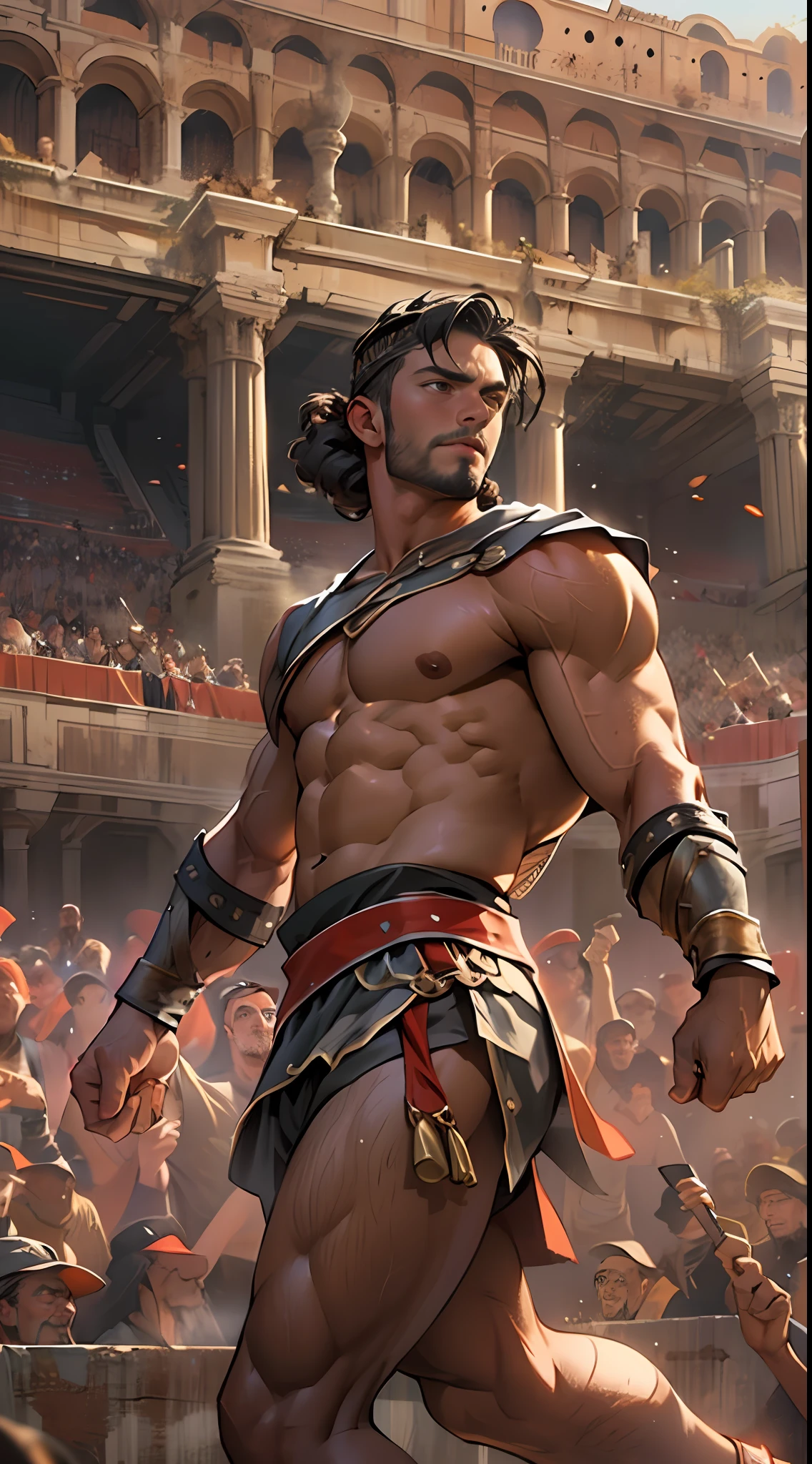 Mighty gladiator, upper torso exposed, legs unclothed from thighs to feet, flowing long curls, detailed muscular physique, lifelike depiction, 4K resolution. Background: Roman colosseum filled with cheering crowd.,32k uhd, best quality, masterpiece, super detail, high details