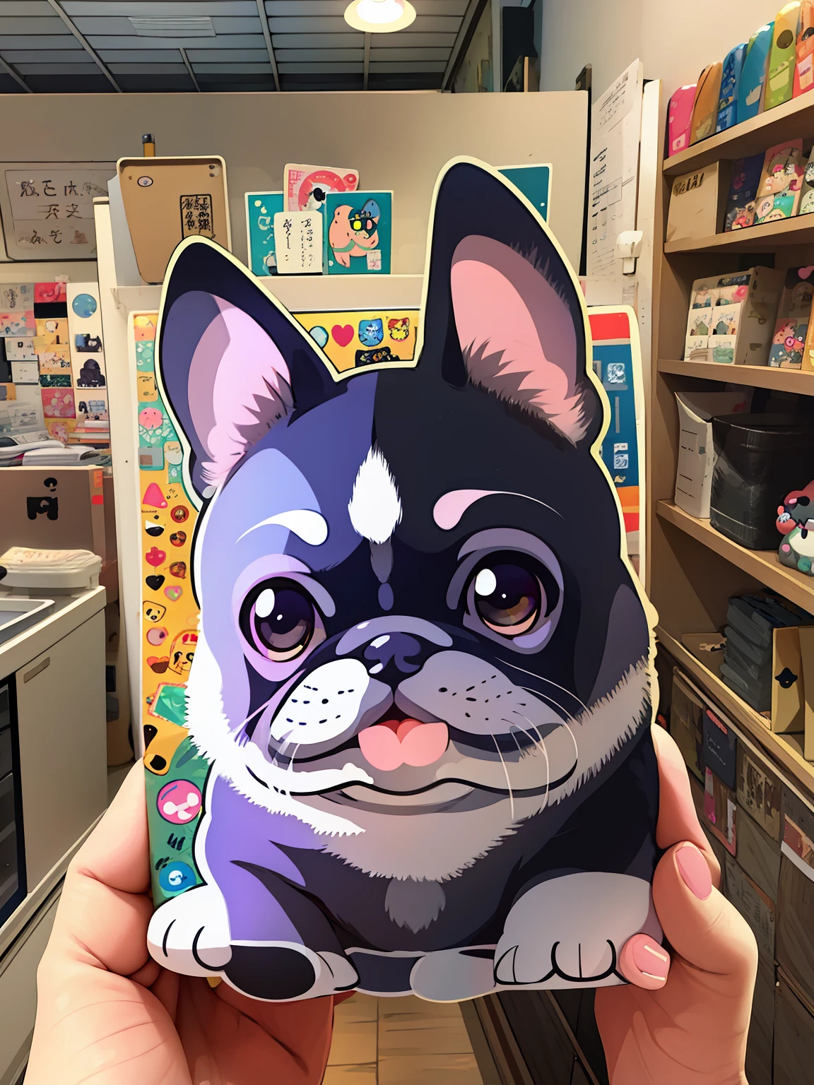 hand painted cartoon art style,Artistic cover,kawaii cutest sticker ever,stickers illustrations,All black,French Bulldog,Yoshinari Kono,Cute features,Middle Metaverse,by Gusukuma Seihō,stickers illustrations,Cute characters