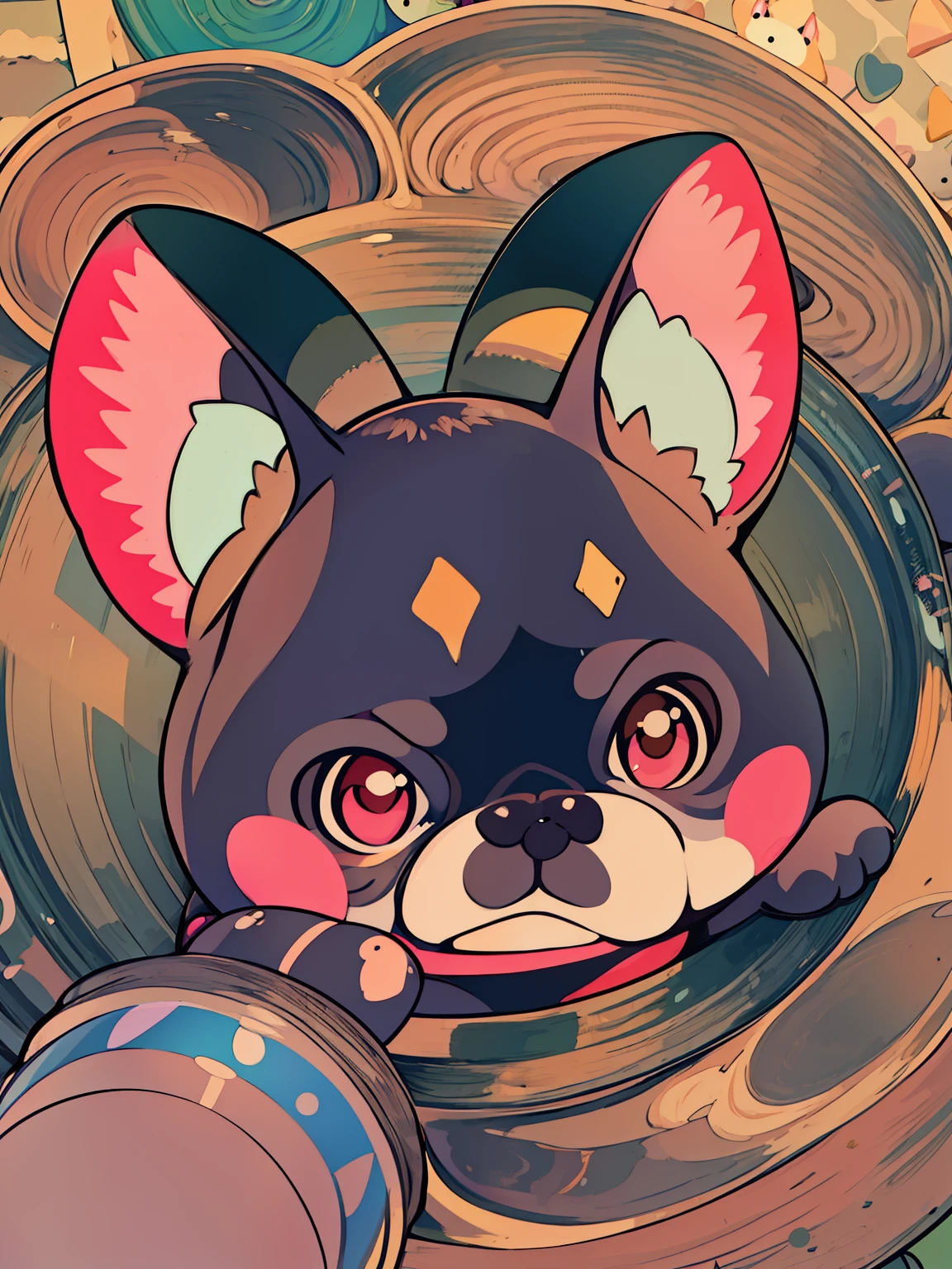 hand painted cartoon art style，Artistic cover，kawaii cutest sticker ever，stickers illustrations，All black，French Bulldog，Yoshinari Kono，Cute features，Middle Metaverse，by Gusukuma Seihō，stickers illustrations，Cute characters