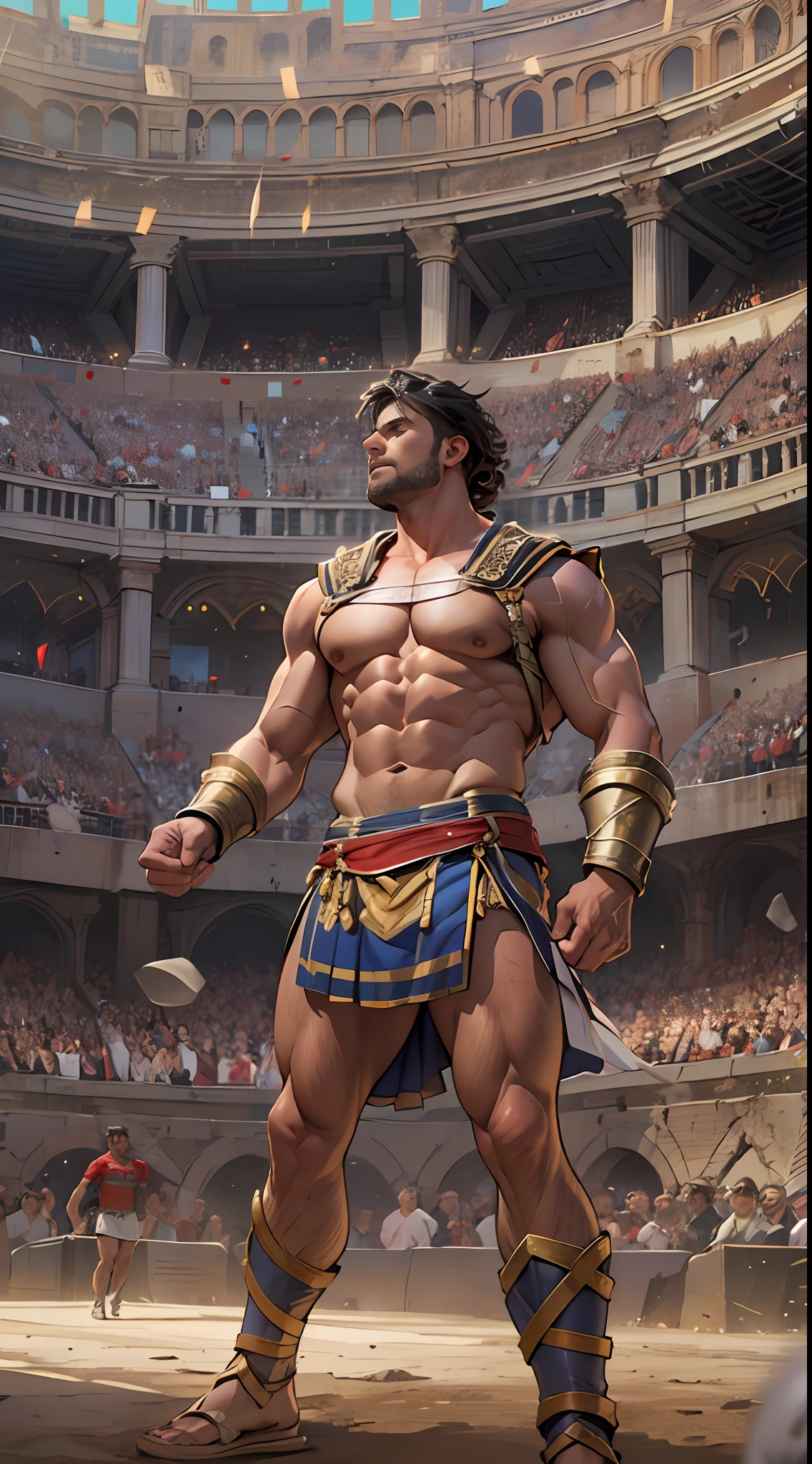 Mighty gladiator, upper torso exposed, legs unclothed from thighs to feet, flowing long curls, detailed muscular physique, lifelike depiction, 4K resolution. Background: Roman colosseum filled with cheering crowd.,32k uhd, best quality, masterpiece, super detail, high details
