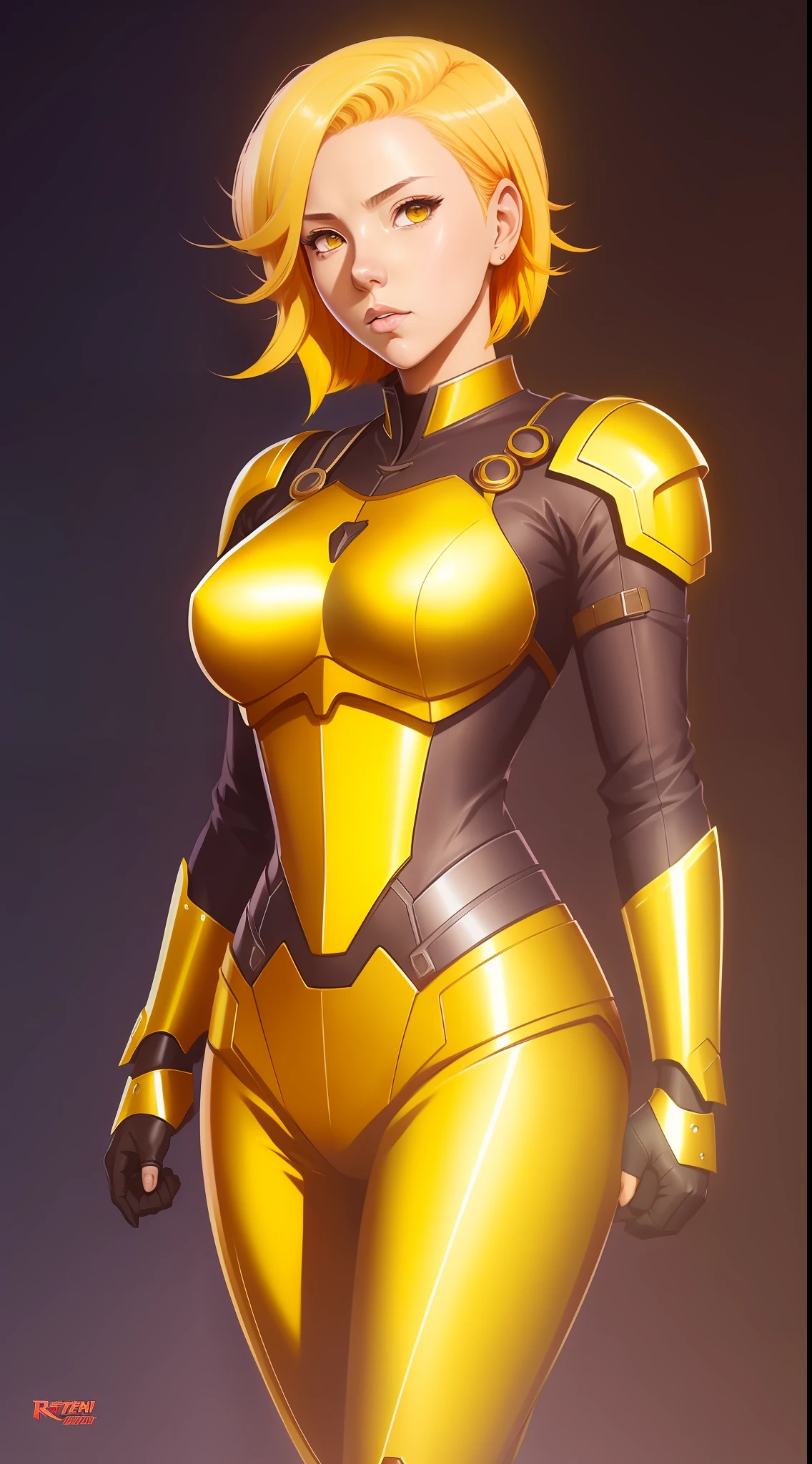 [by Artgerm and WLOP and Ilya Kuvshinov and RHADS and Loish and Rossdraw] by "anime" artist, Visual Key Anime, Japanese Manga, Pixiv, Zerochan, Anime Art, Fantia, scarlett johansson Armaura Medieval Futuristic, ((full body) ) ), muscular, ((short yellow hair)), steel armor, short hair