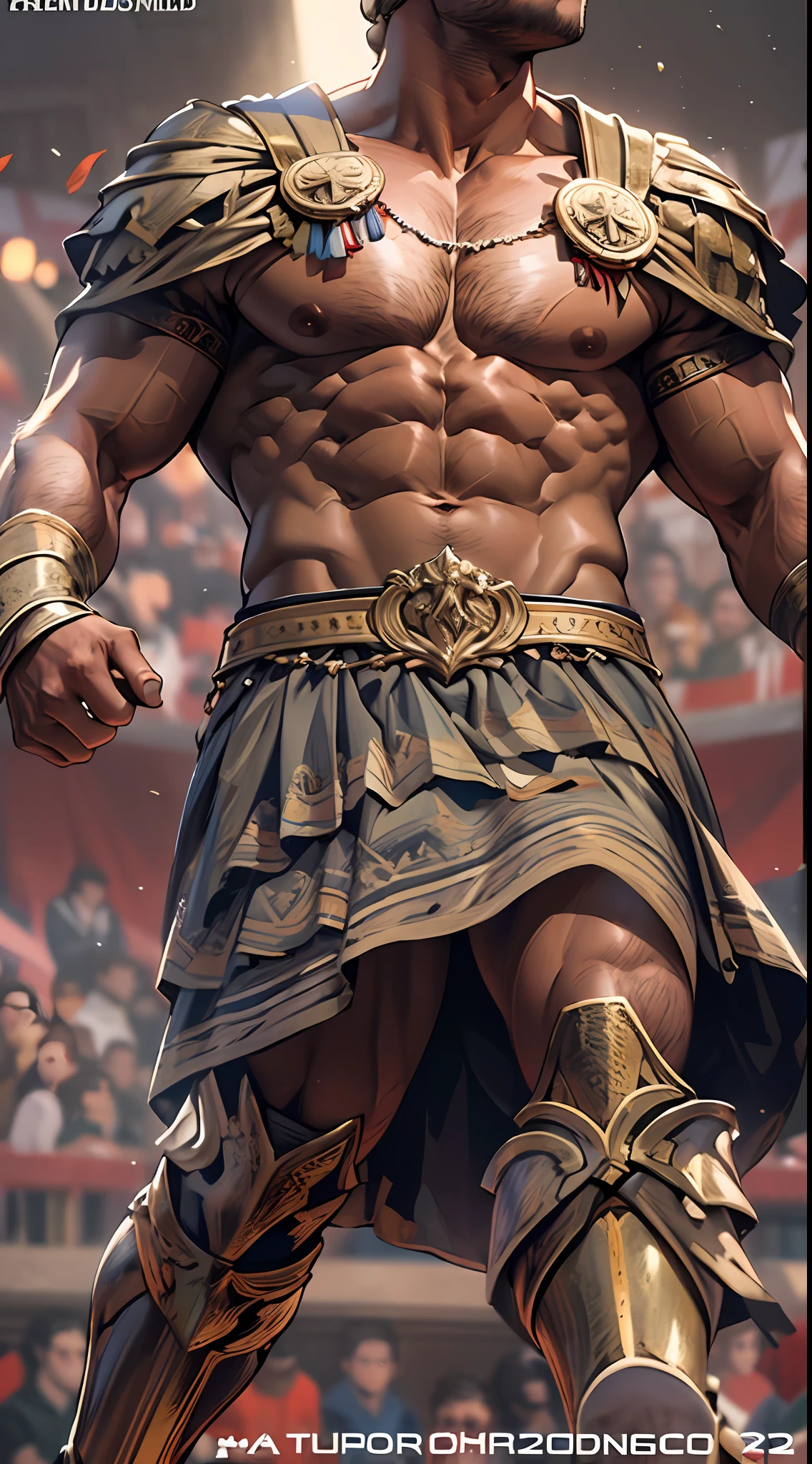 Mighty gladiator, upper torso exposed, legs unclothed from thighs to feet, flowing long curls, detailed muscular physique, lifelike depiction, 4K resolution. Background: Roman colosseum filled with cheering crowd.,32k uhd, best quality, masterpiece, super detail, high details