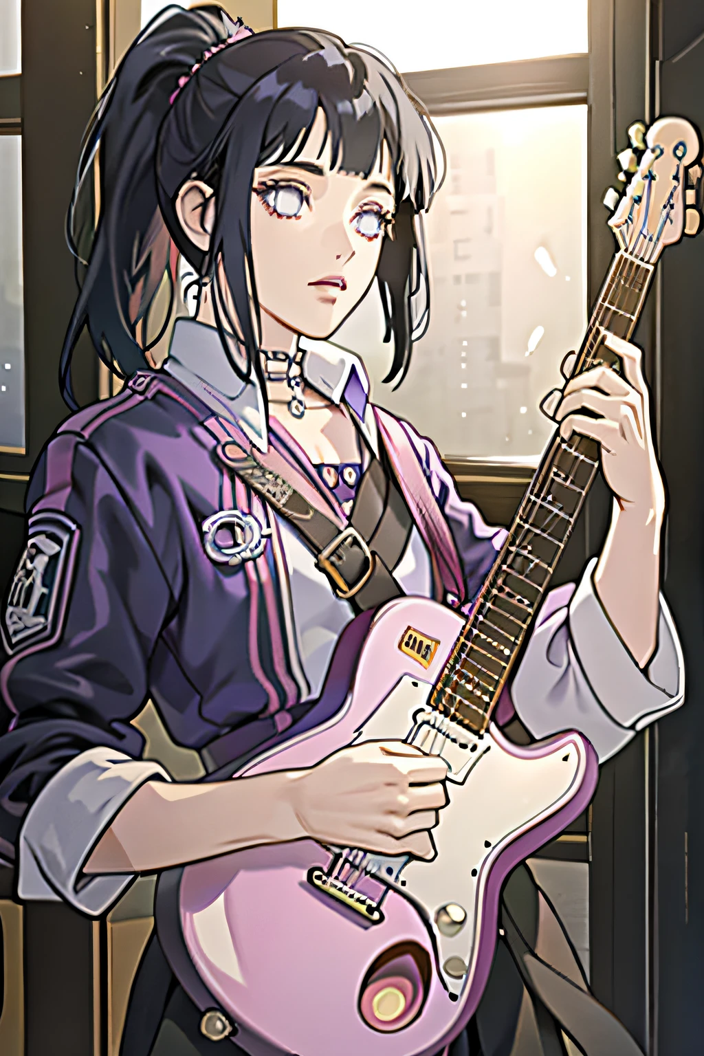 masterpiece, (ultra-detailed), 8K, ultra high res, (1girl), finely detailed beautiful eyes, dark blue hair, medium breasts, purple eyes, light on face, light on body, solo, ((masterpiece)), sunshine light, stadium, (((guitar))), ((( punk outfit))), (playing guitar), hinata/(boruto/) , blunt bangs, ponytail, from front