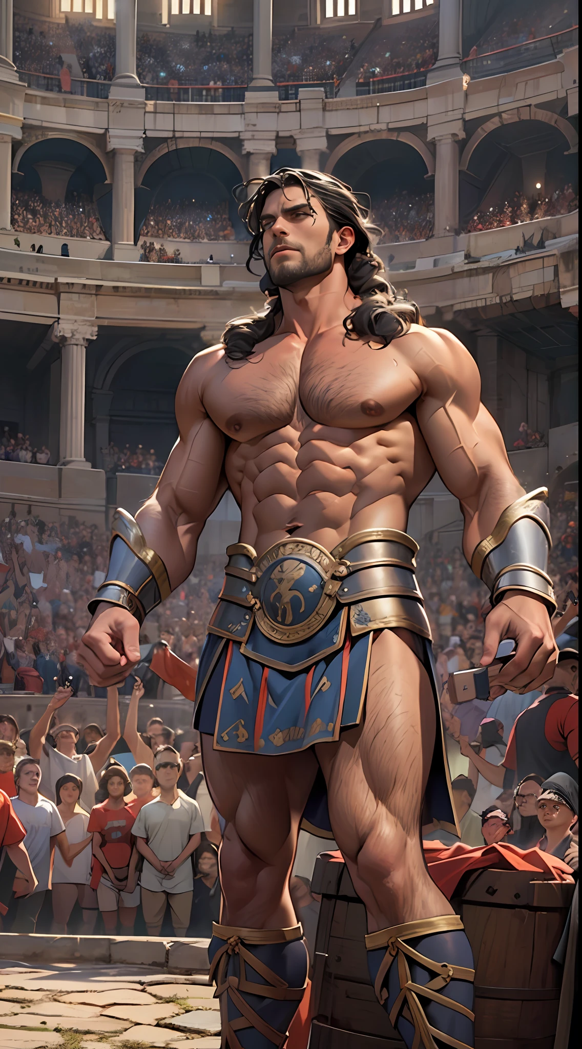 Mighty gladiator, upper torso exposed, legs unclothed from thighs to feet, flowing long curls, detailed muscular physique, lifelike depiction, 4K resolution. Background: Roman colosseum filled with cheering crowd.,32k uhd, best quality, masterpiece, super detail, high details