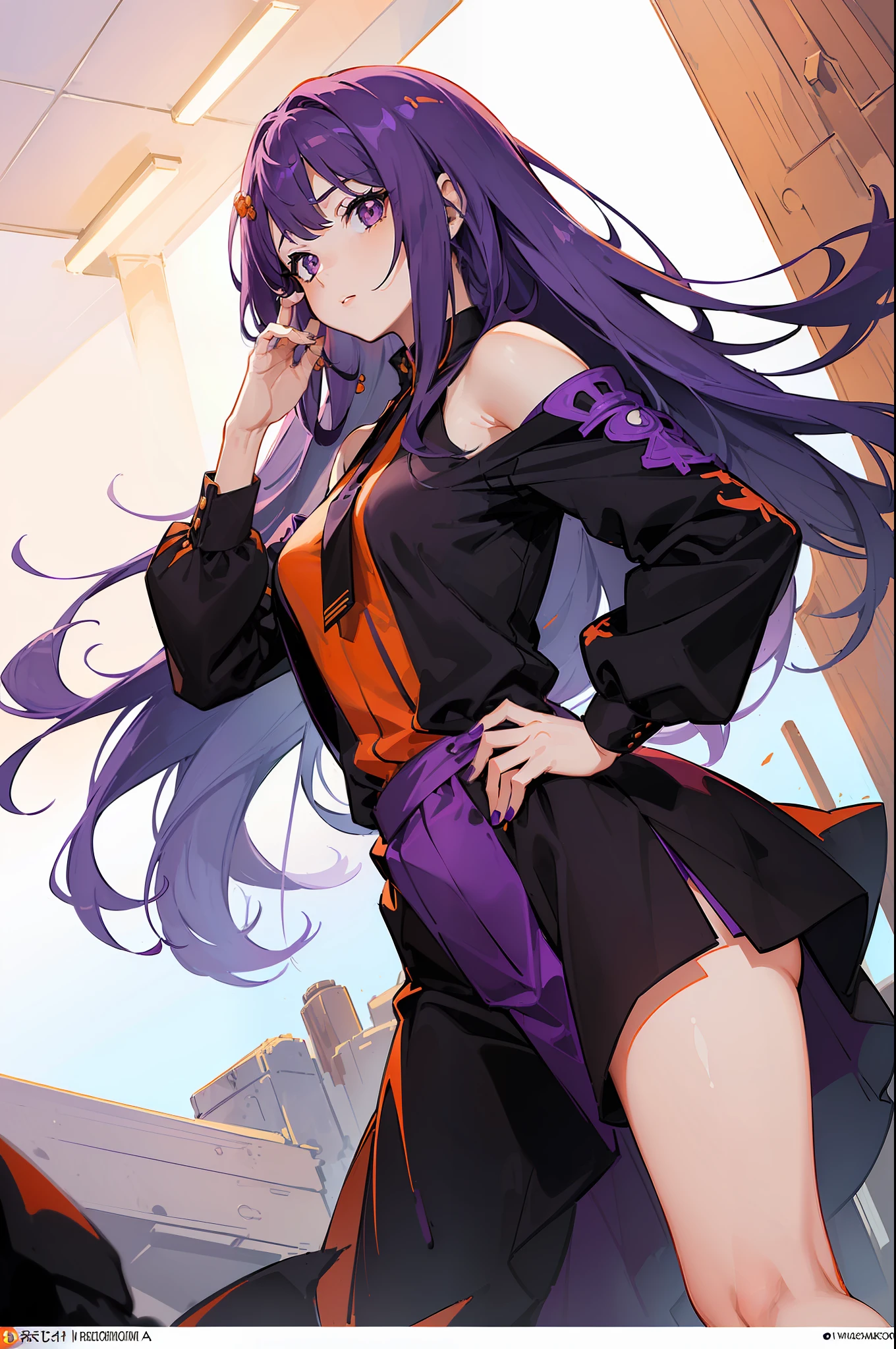 ((Stunning high resolution illustration of girl with long orange and purple hair, Purple eyes, vestindo roupa escolar branca e preta, segurando uma arma, em uma pose sexy, em estilo anime))