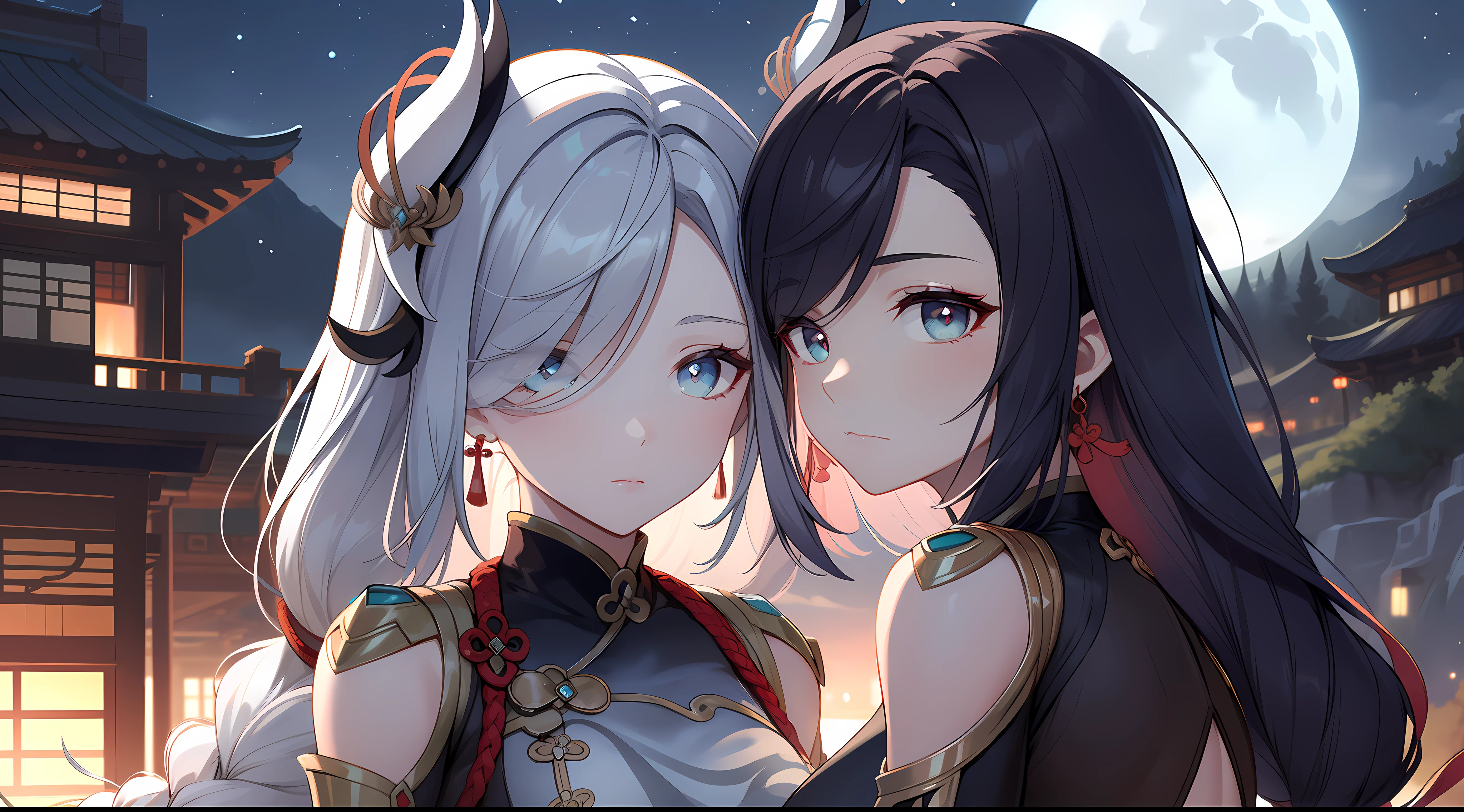 shenhedef, upper body, serious expression, blush, outdoors, night, liyue house background, dark moon sky, short hair, sky, beautiful nature surrounding near canyon, looking at viewer, mountain, moody lighting, (perfect detail eyes:1.2), glowing eyes, (long hair braid:1.2)