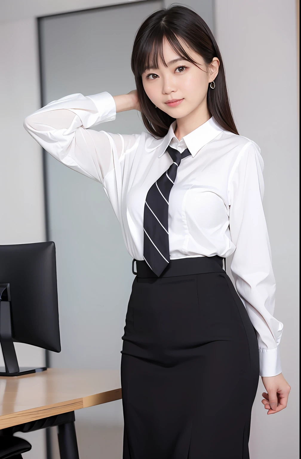 1girll，独奏，Separate lips，office  lady，Business attire，
Pure gray white background，Place your arms behind your head，Look sideways at the audience，ssmile，