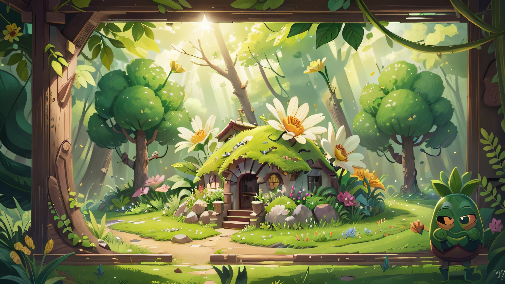 The border is surrounded by flowers and green leaves,wonderland