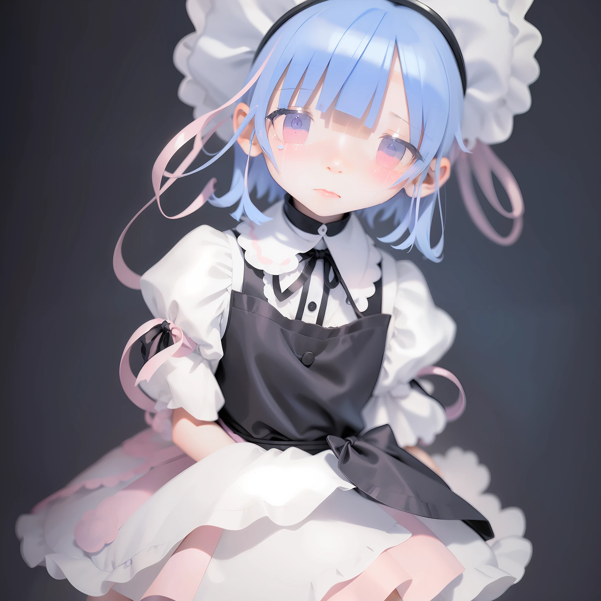 girl with、short-hair、Braids、Pastel blue hair、Pastel pink hair、Black maid clothes、Crying expression、