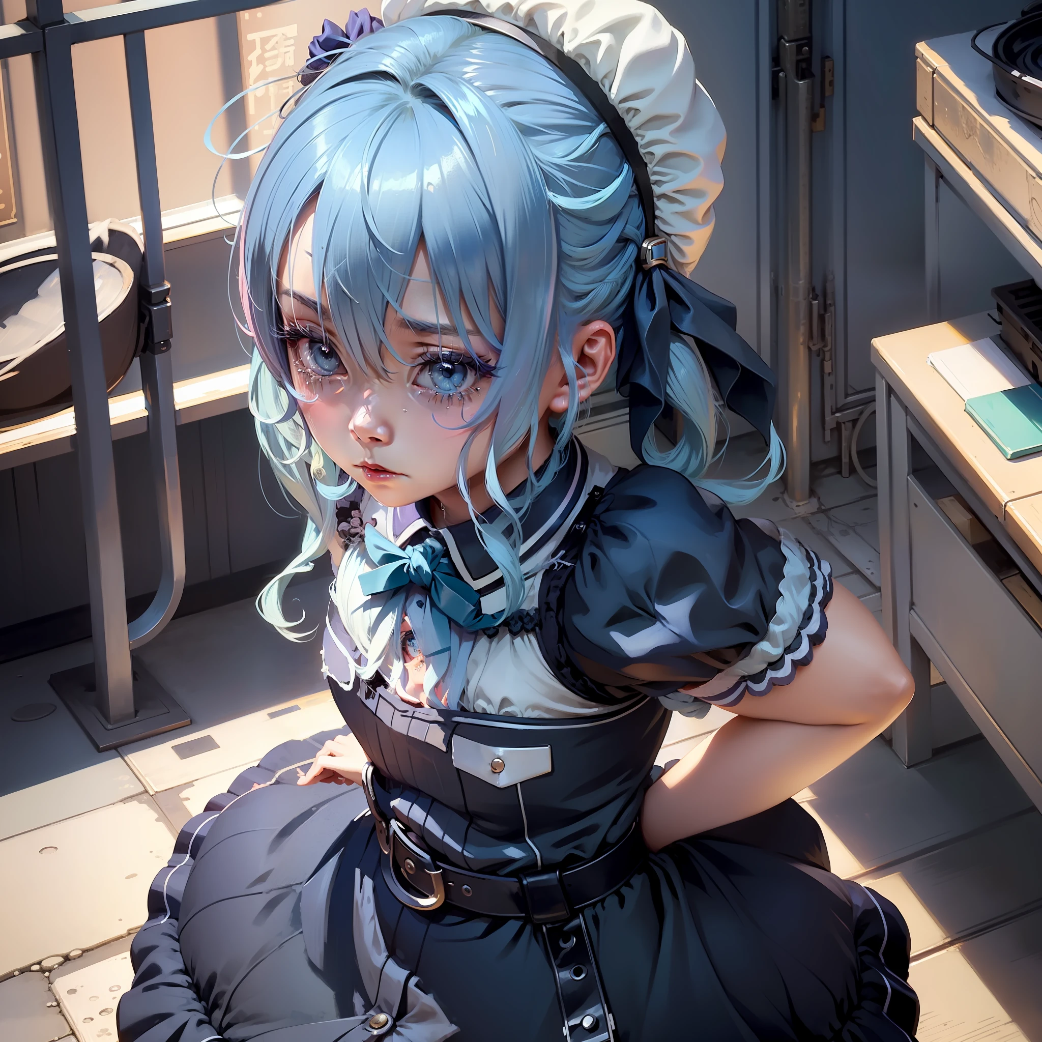 girl with、short-hair、Braids、Pastel blue hair、Pastel pink hair、Black maid clothes、Crying expression、