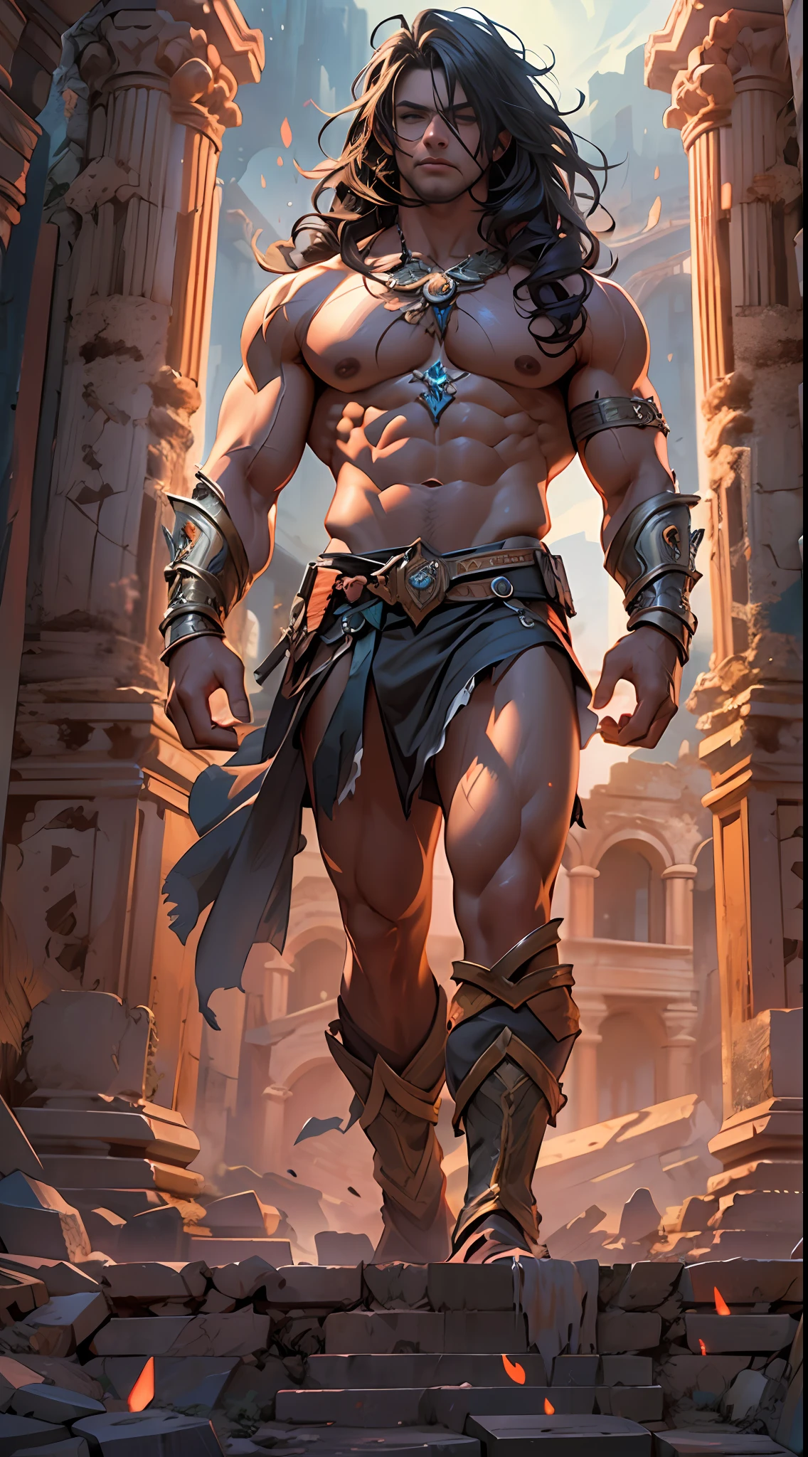 Ripped hero, shirtless upper body, legs revealed from thighs to feet, cascading long curls, intricate muscular details, photorealistic artwork, 4K resolution. Background: Mystic ancient ruins with glowing symbols,32k uhd, best quality, masterpiece, super detail, high details