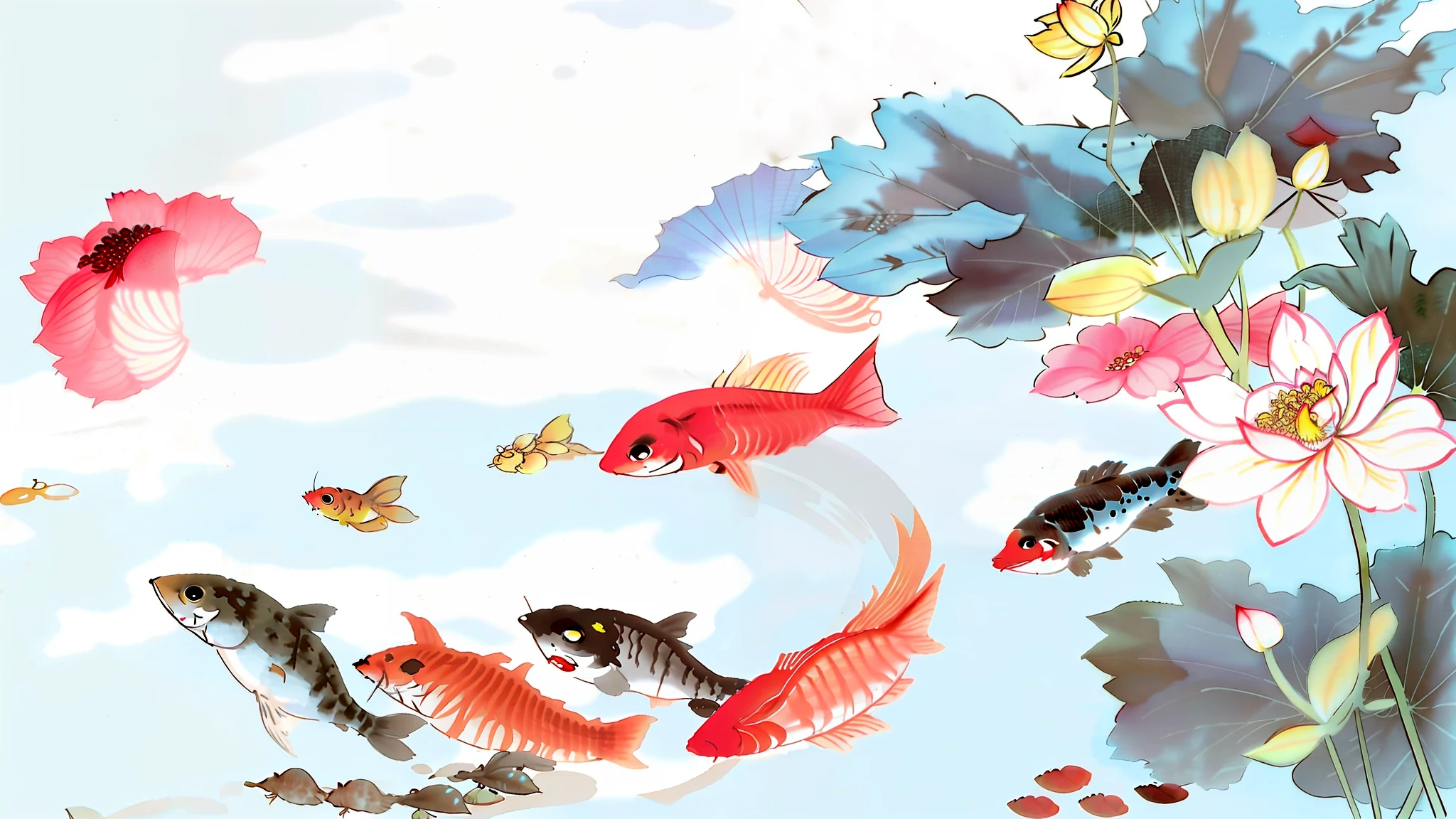 There are many fish swimming in the water with lotus flowers, high-definition photography, fishes swimming, koi fishes, The fish, koi fishes, The lake is crystal clear,Clear。