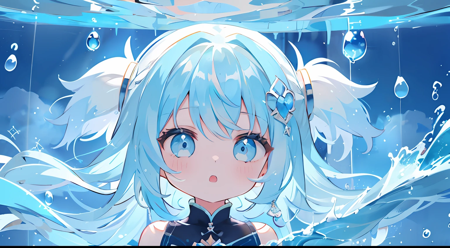 One girl、Eau、foam、air bubble、Light blue dress、narrow her eyes、double tooth、Shuwashuwa、under the water、masterpiece、Top image quality、top-quality、cute little、lightblue hair、