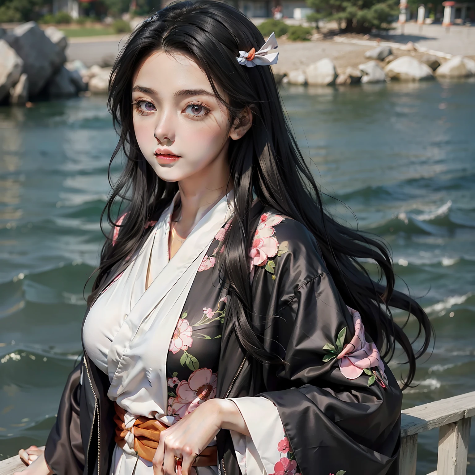 (masterpiece), (best quality), (1girl), solo, sexy, big breast, Nezuko DS, kimono, black hair, Nezuko cosplay, Nezuko costume