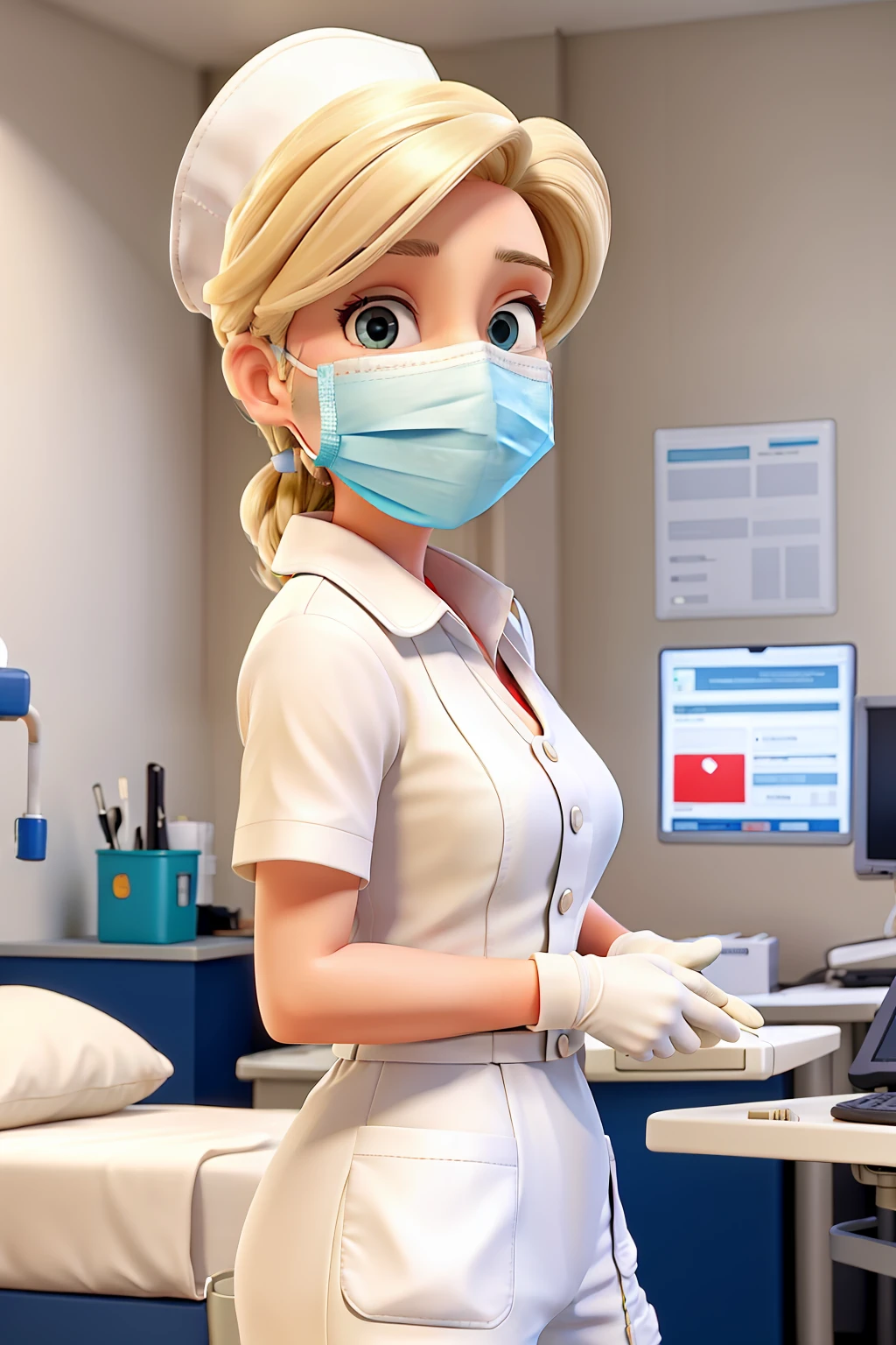 masterpiece, best quality, blonde Female nurse with a surgical mask putting on gloves at hospital, white nurse outfit