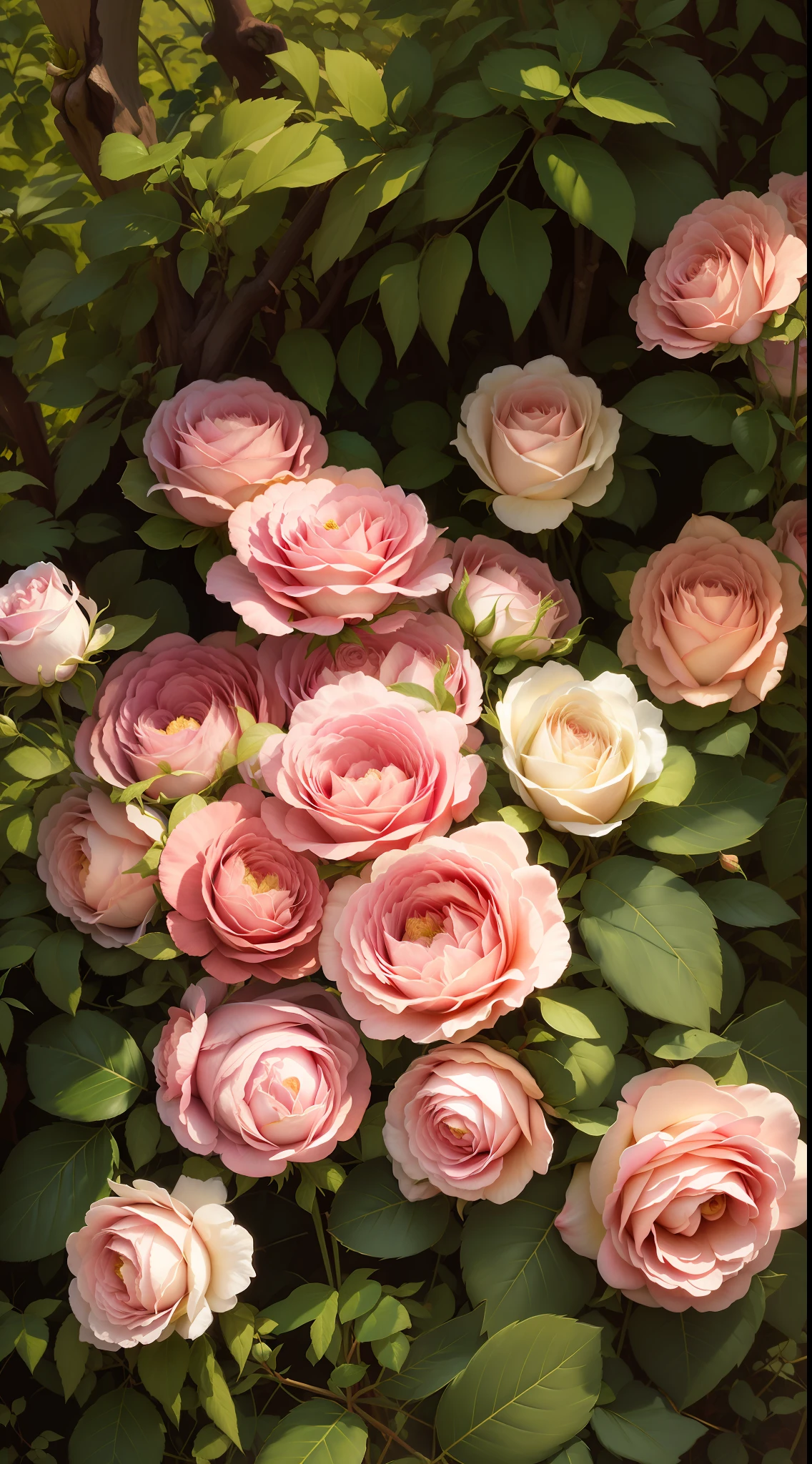 There is a large group of pink and white roses in the garden, Rozen Maiden, rose-brambles, Rose, rosa bonheurn, rose twining, rosette, natural point rose', full bloom, Amazing beauty, a few roses, Incredibly beautiful, heavily ornamental, light pink tonalities, Rose garden, pink rosa, decorative roses, beautifully