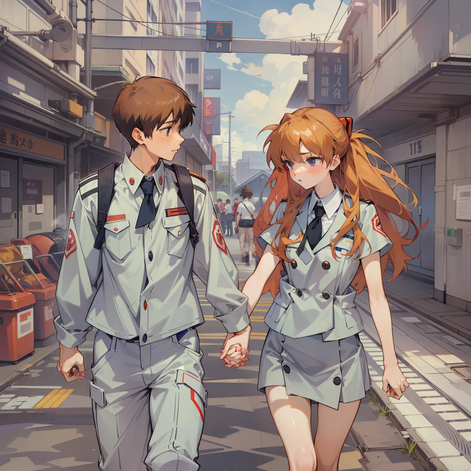 Uniformed student couple of Asuka Langley and Shinji Ikari。In a couple without height difference、Women are in the lead。The two hold hands。