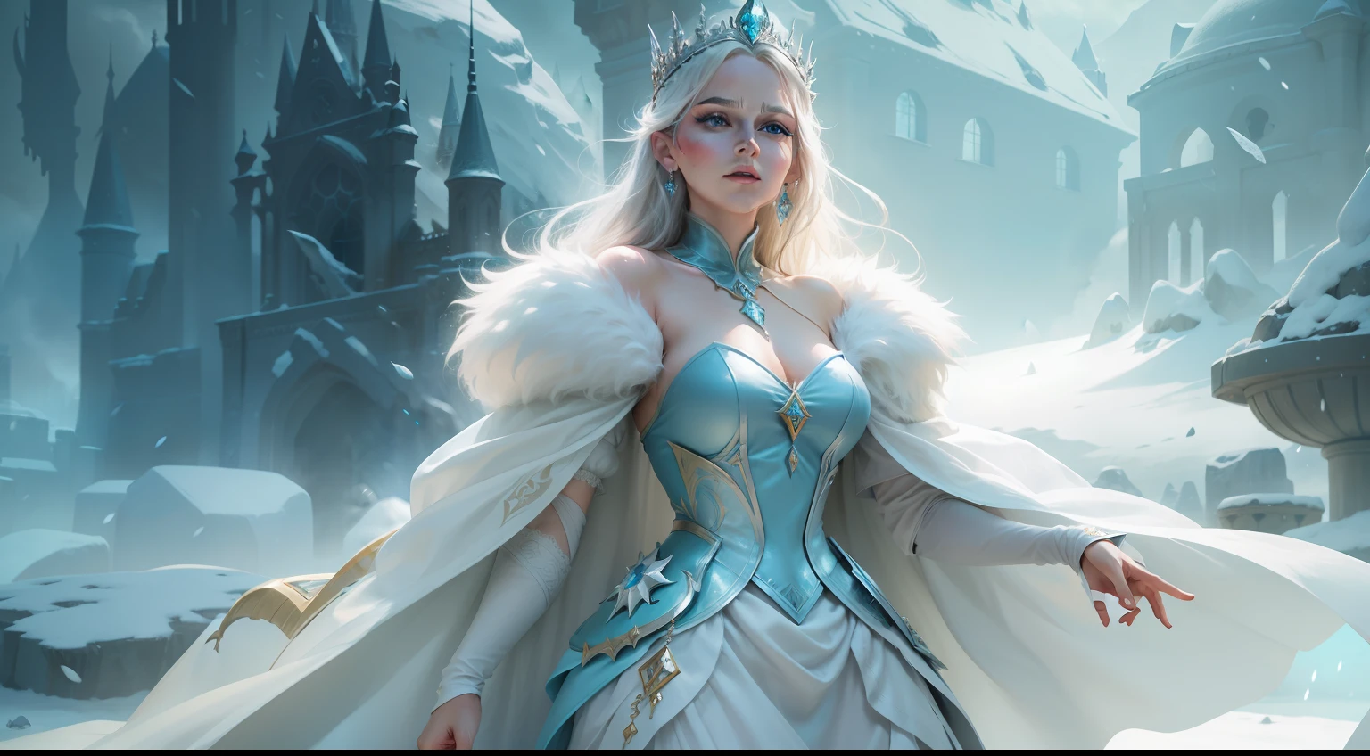 Imagen de una mujer vestida con un traje de reina de las nieves, Reina del invierno, Reina del hielo y la tormenta, Reina de Hielo, Emma Watson como la Reina del Hielo, La Reina de Hielo, Diosa del invierno, Princesa de invierno, Hermosa bruja de escarcha antigua, Hermosa y elegante reina elfa, Hechicera de hielo, elegant cinematic fantasy art, fantasy art behance, Princesa de hielo
