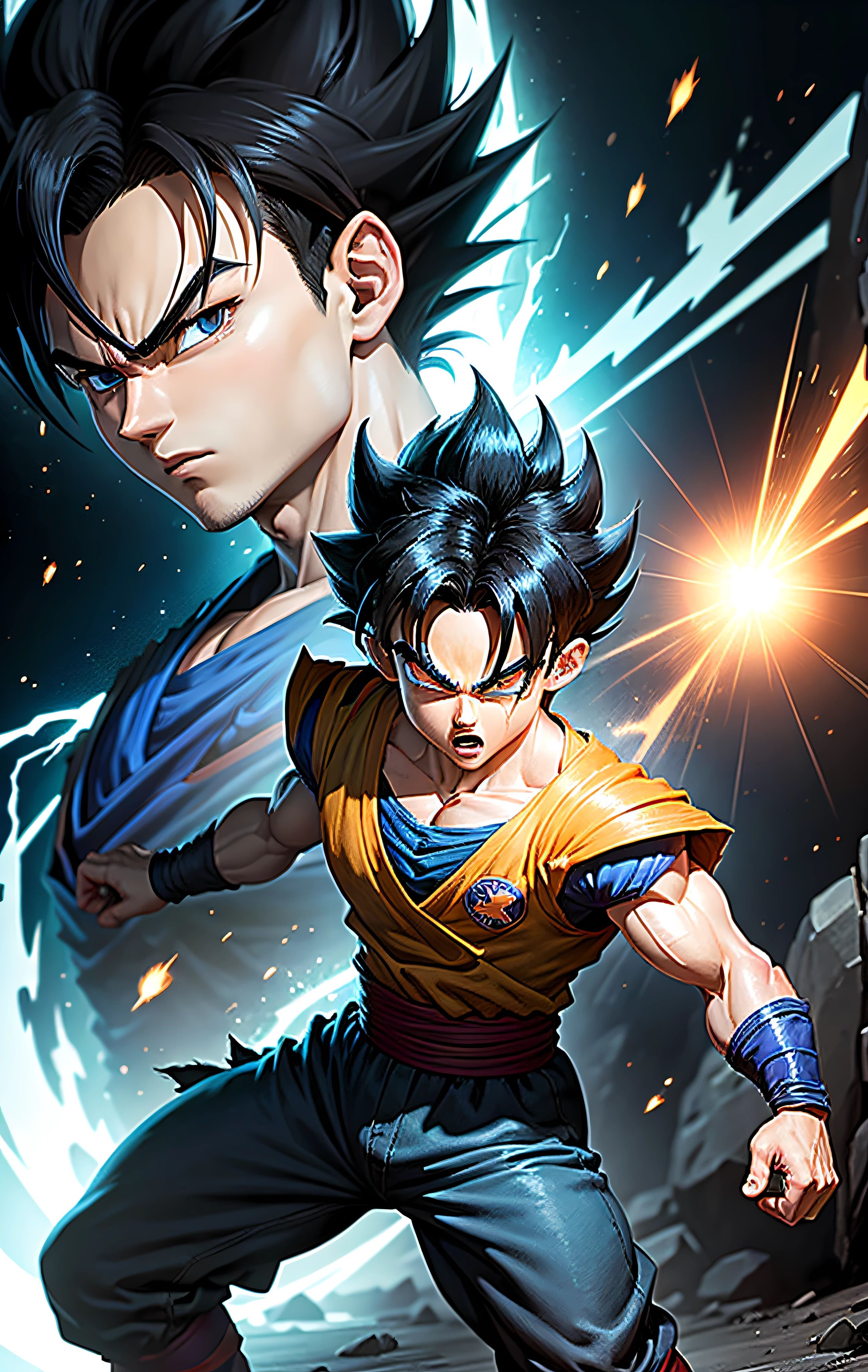a cartoon image of a very young gohan with black hair, transforming into super blue saiyan, son goku, dragonball character,