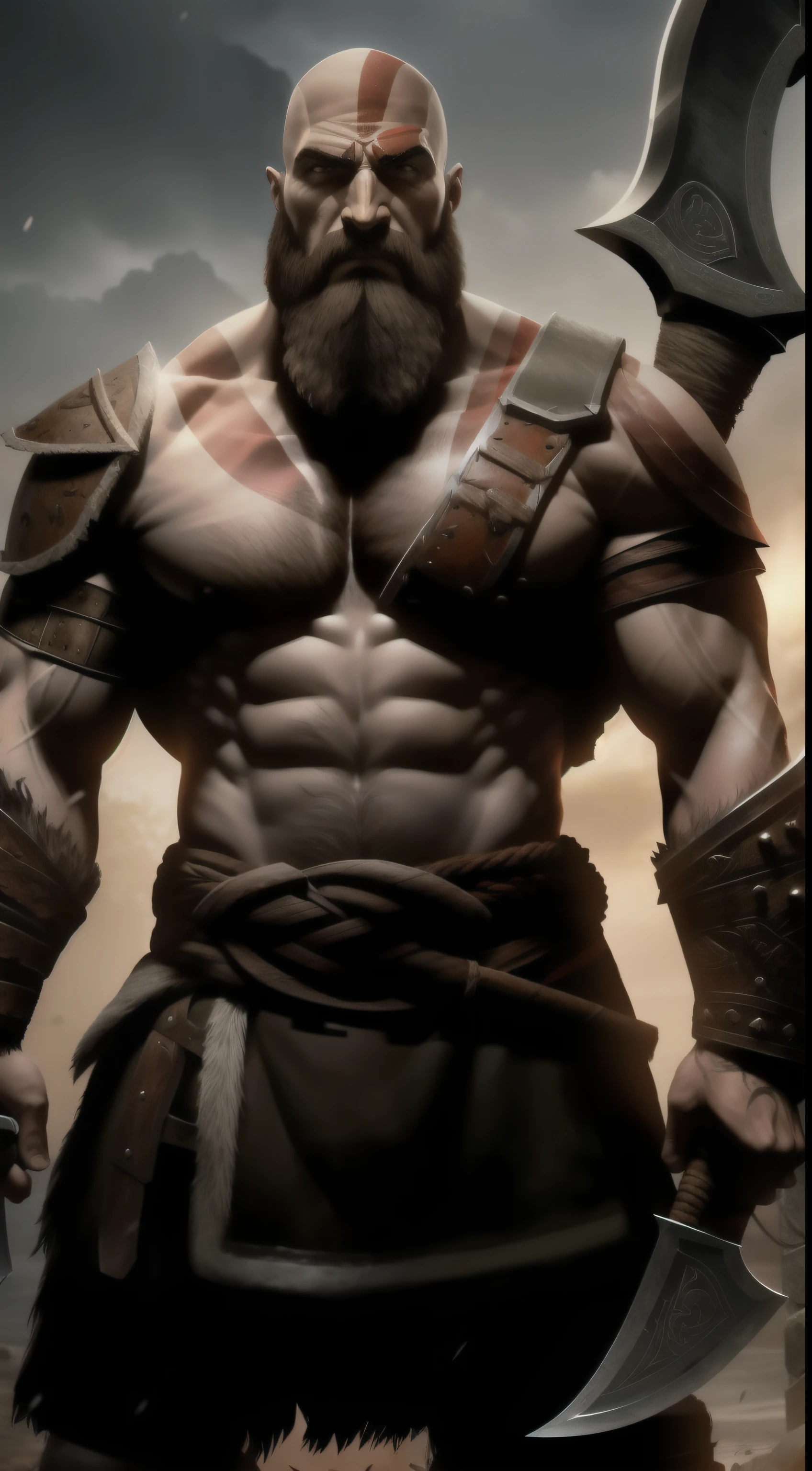 A man with a short beard and a big axe, A half body,Game God of War,kratos, Portrait of Kratos, high detail iconic character, barbarian class, Savage, render of heavy fantasy armor, many scars. illuminating,The face is bright, male barbarian, The expression is fierce,The face is ferocious,scowling,picture of an adult male warrior, Right hand raised,Hands holding large axes,The axe is on the shoulder,simplebackground,Cinema lenses,k hd,realisticlying,Volumetriclighting,realskin,
